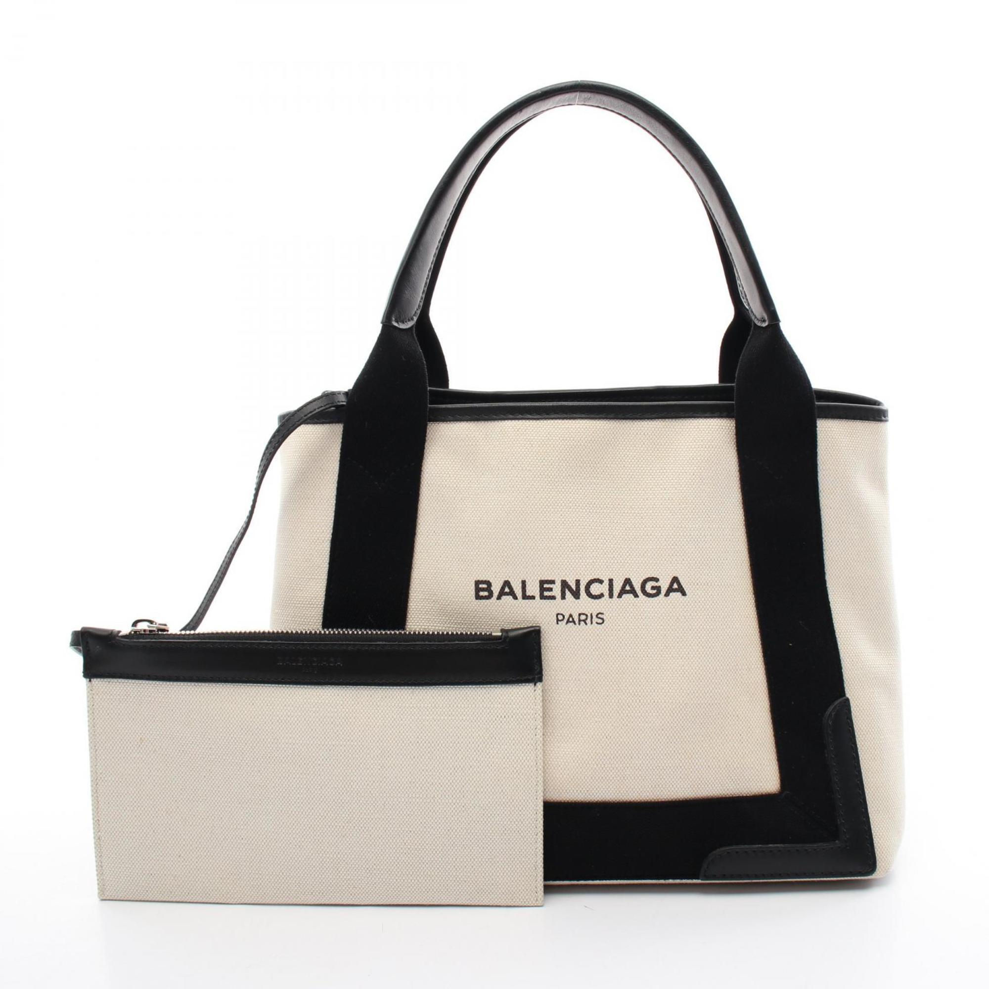 BALENCIAGA Navy Cabas S Tote Bag Canvas Leather Women's Ivory Black 339933