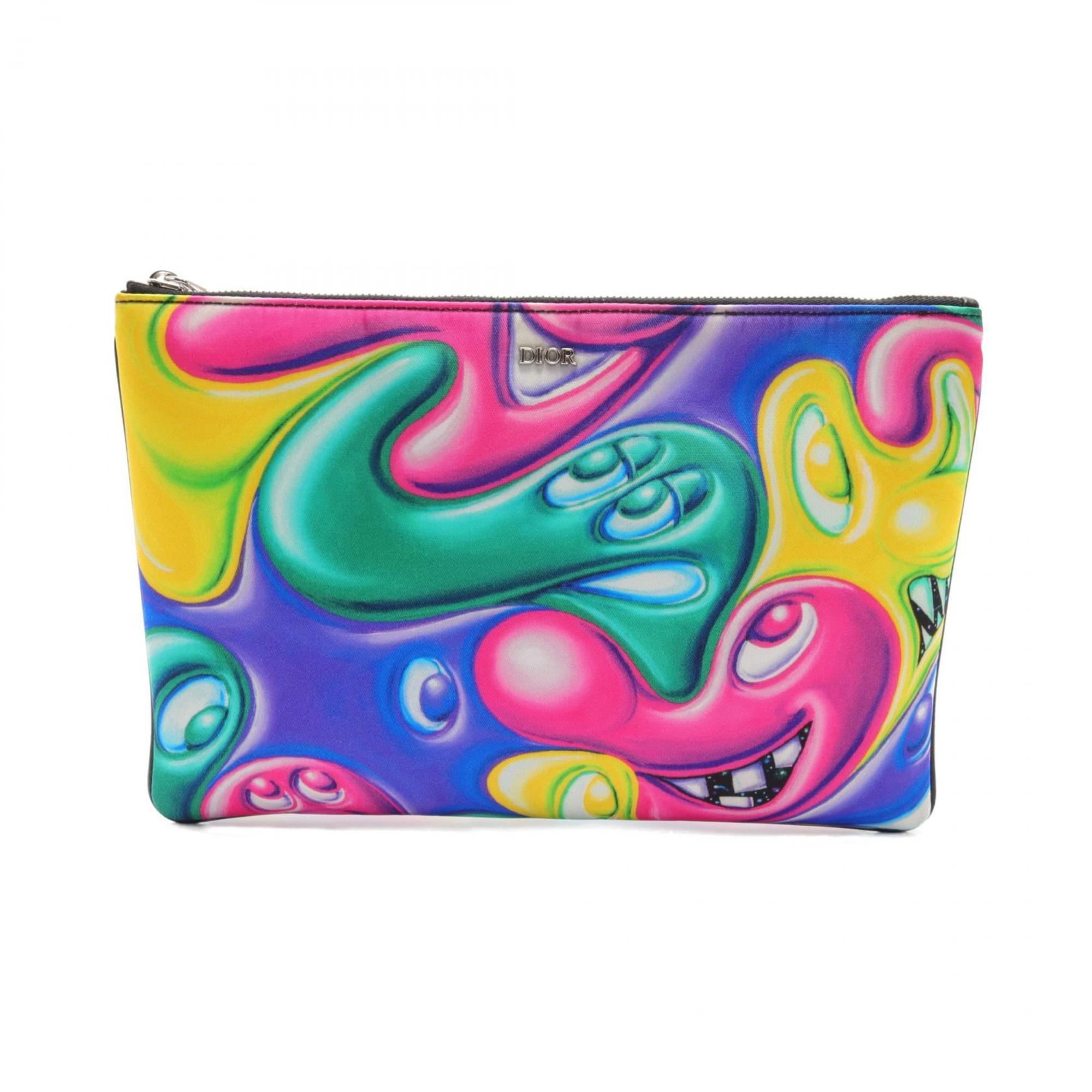 Christian Dior Dior DIOR x KENNY SCHARF Pouch Bag Nylon Leather Men's Multicolor Black