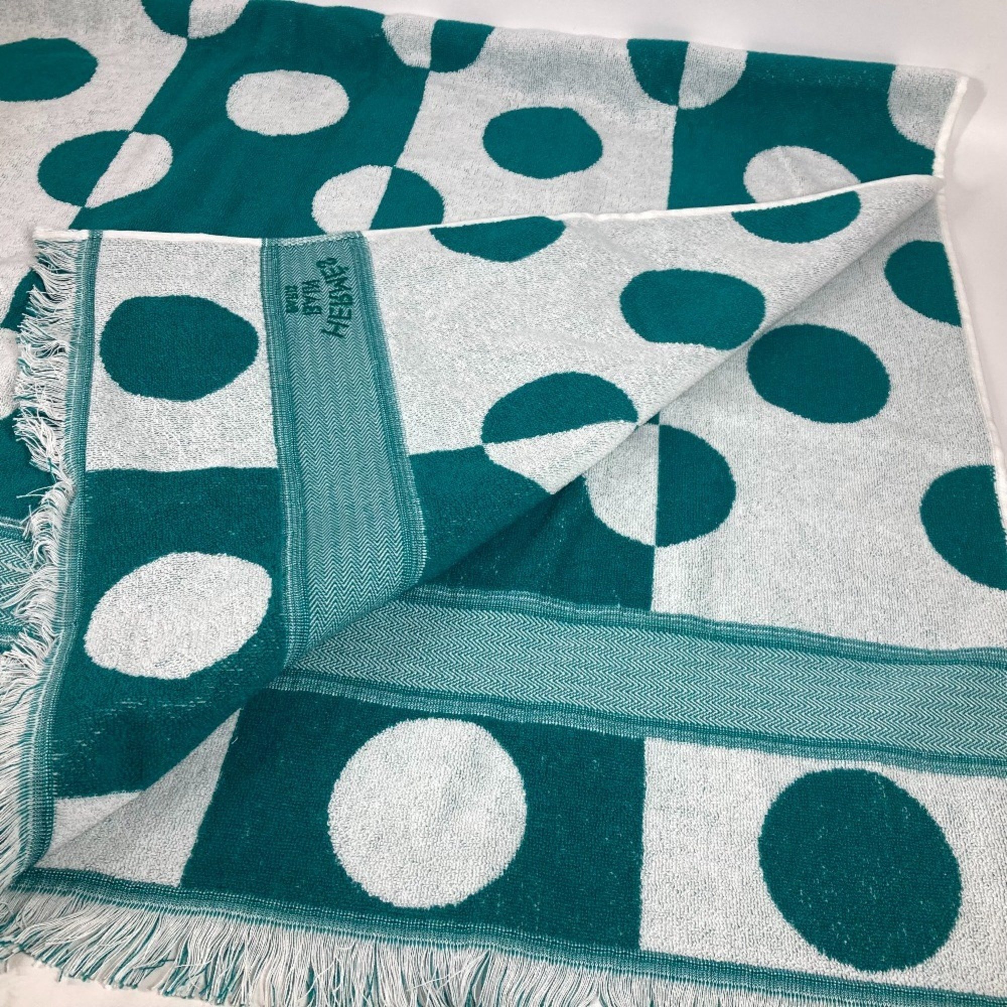 HERMES Hermes Bath Towel Knee Blanket Yachting Dot Polka Beach Cotton Women's Green