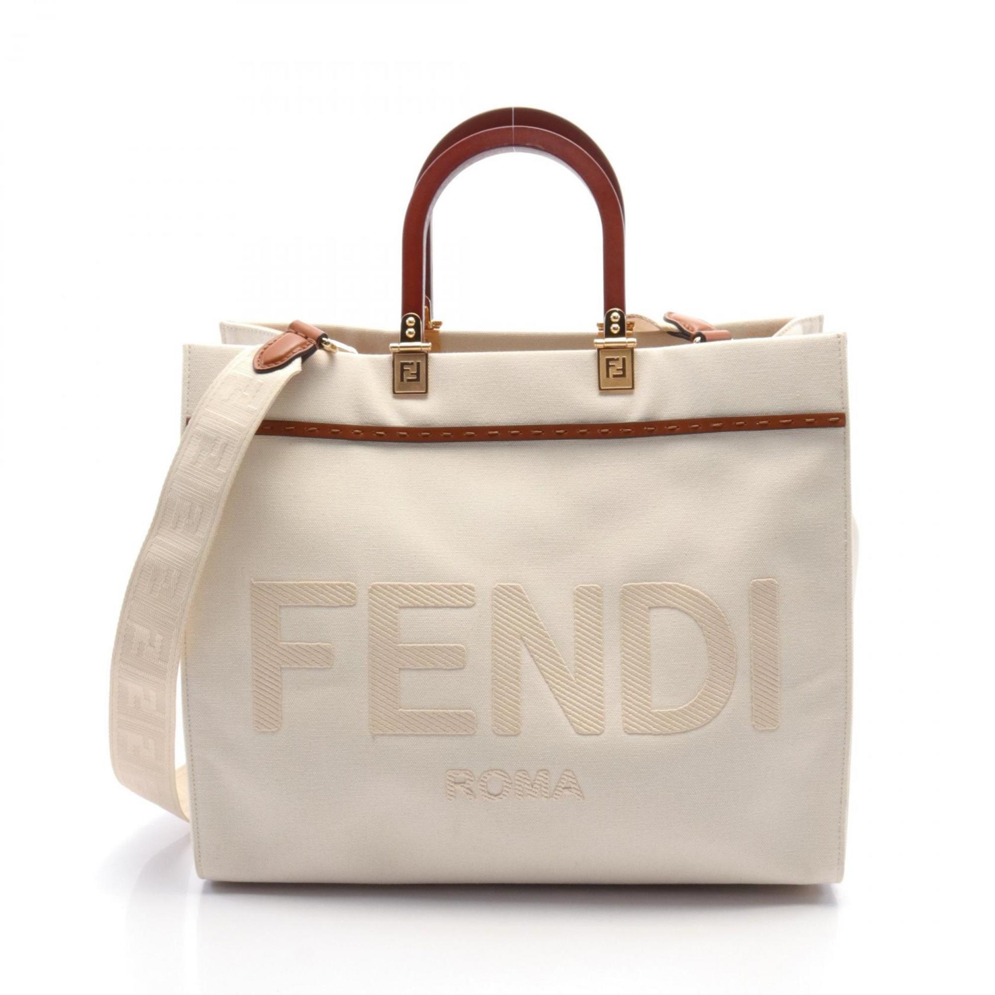 FENDI SUNSHINE MEDIUM Tote Bag Canvas Leather Women's Ivory Brown 8BH386