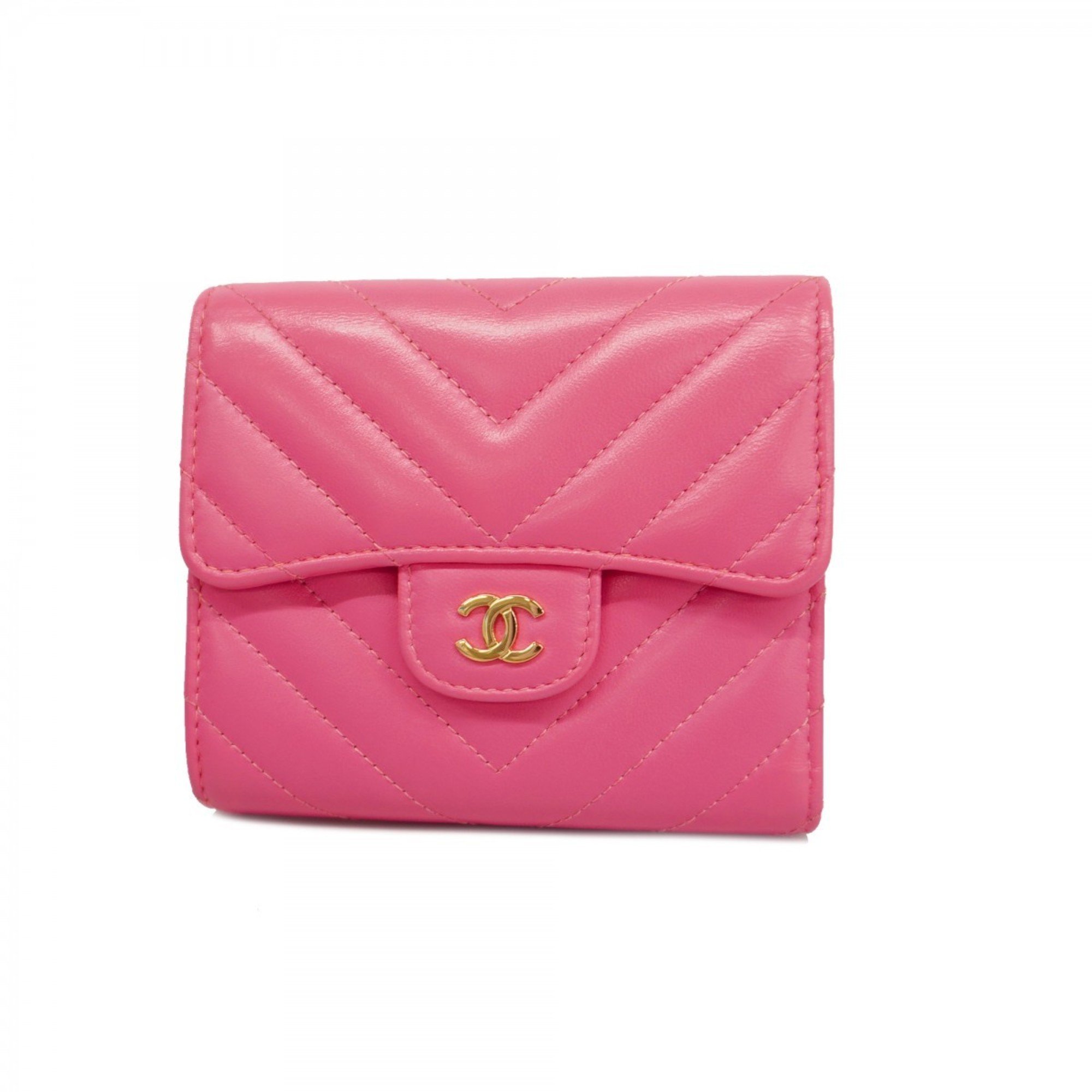 Chanel Tri-fold Wallet V-Stitch Lambskin Pink Champagne Women's