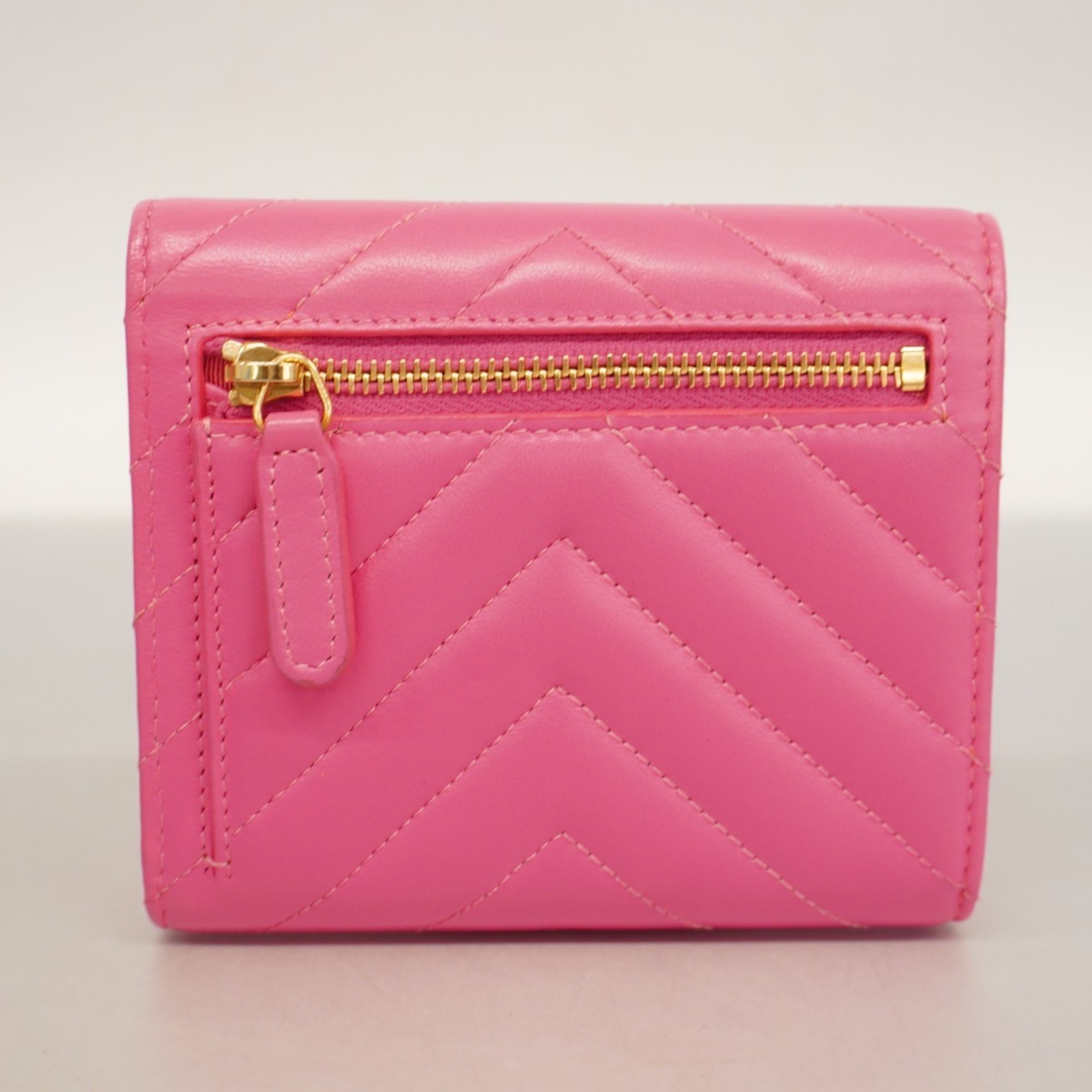 Chanel Tri-fold Wallet V-Stitch Lambskin Pink Champagne Women's