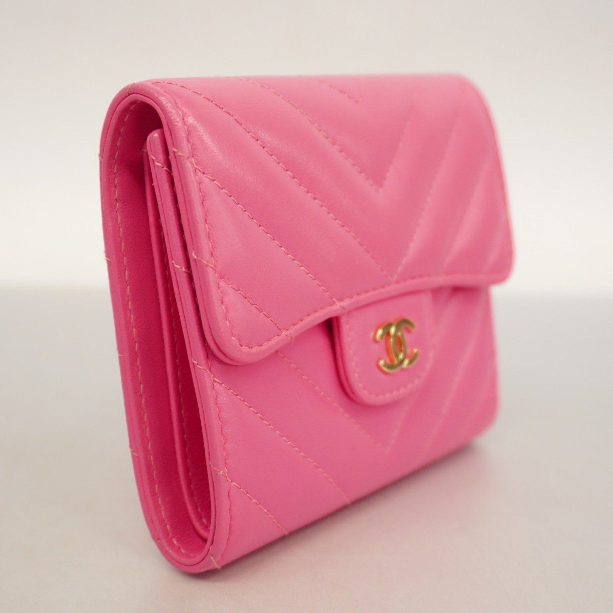 Chanel Tri-fold Wallet V-Stitch Lambskin Pink Champagne Women's