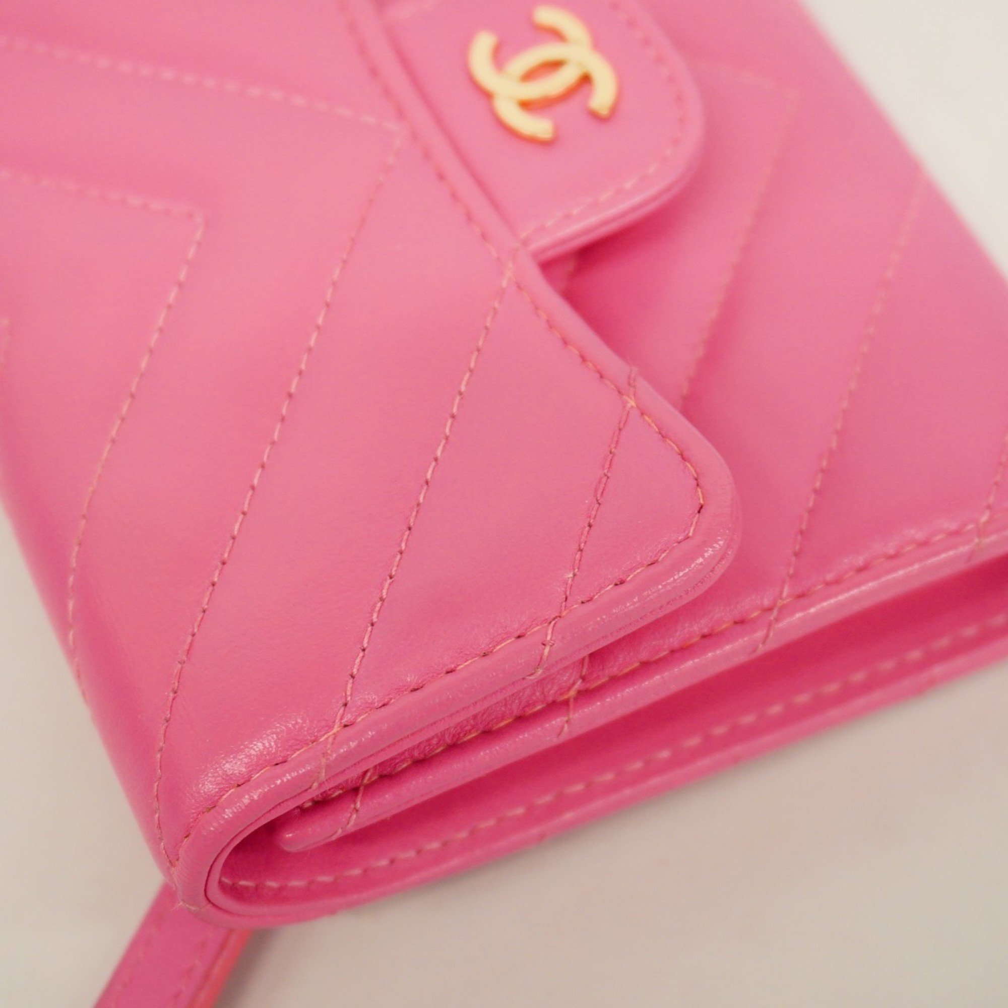 Chanel Tri-fold Wallet V-Stitch Lambskin Pink Champagne Women's