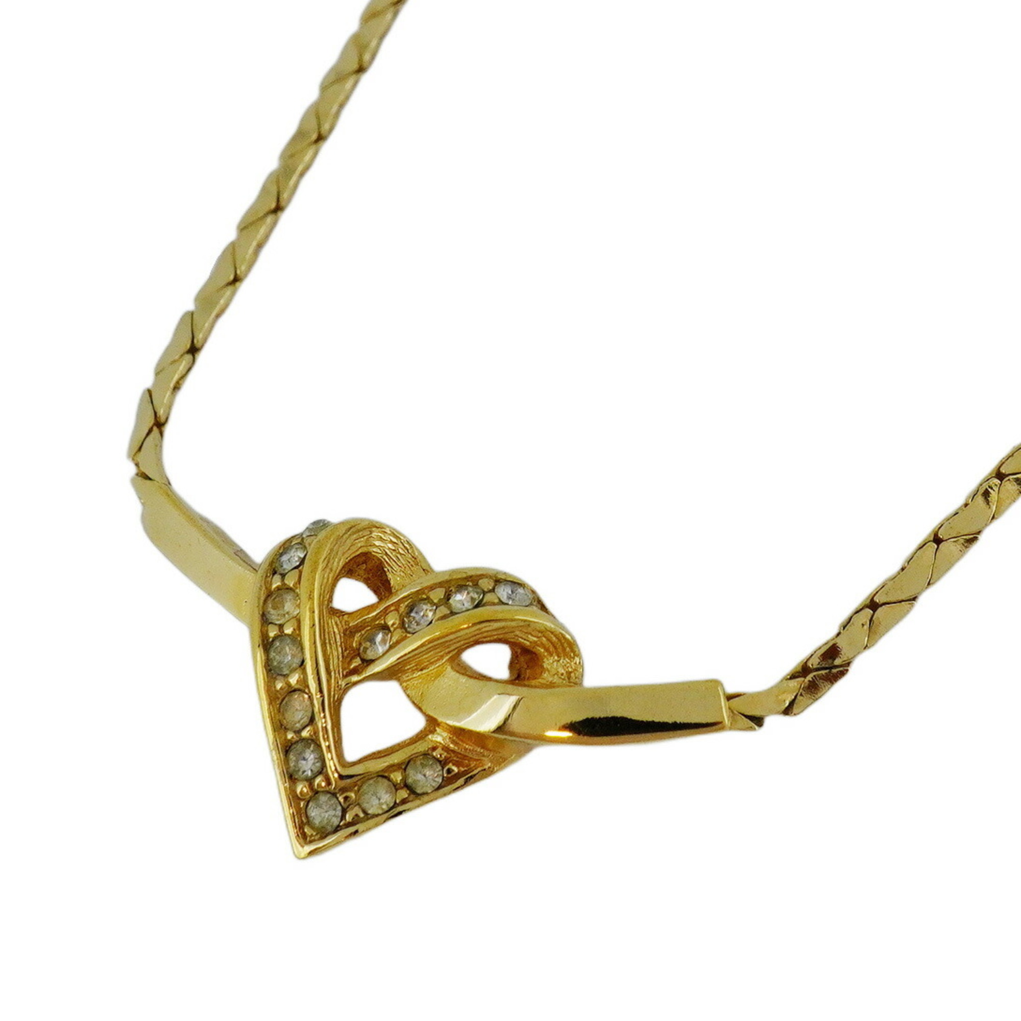 Christian Dior Necklace Heart Motif Rhinestone GP Plated Gold Women's