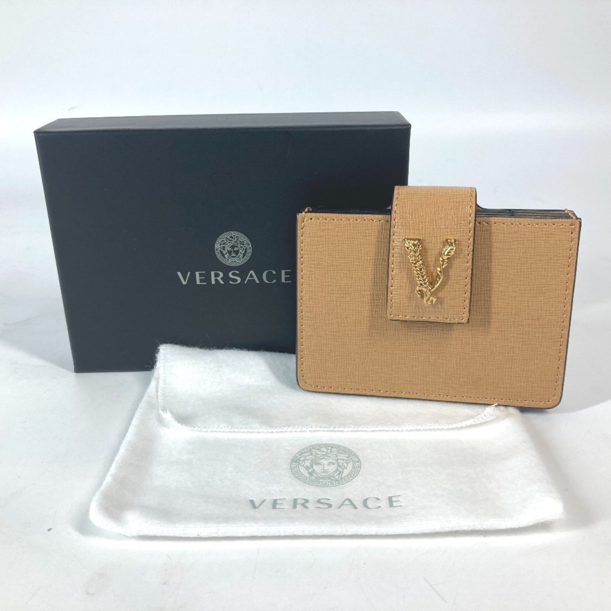 VERSACE V Greca Business Card Holder, Pass Case, Leather, Men's, Beige