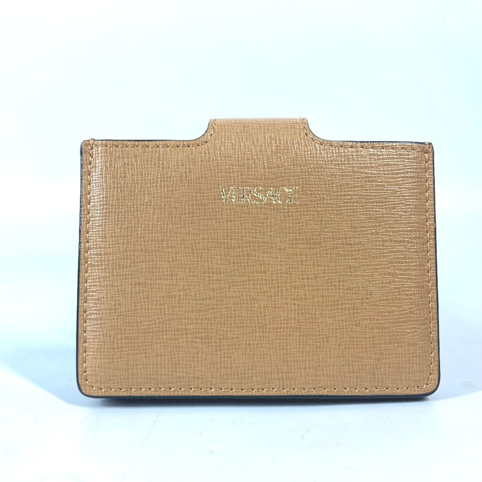 VERSACE V Greca Business Card Holder, Pass Case, Leather, Men's, Beige