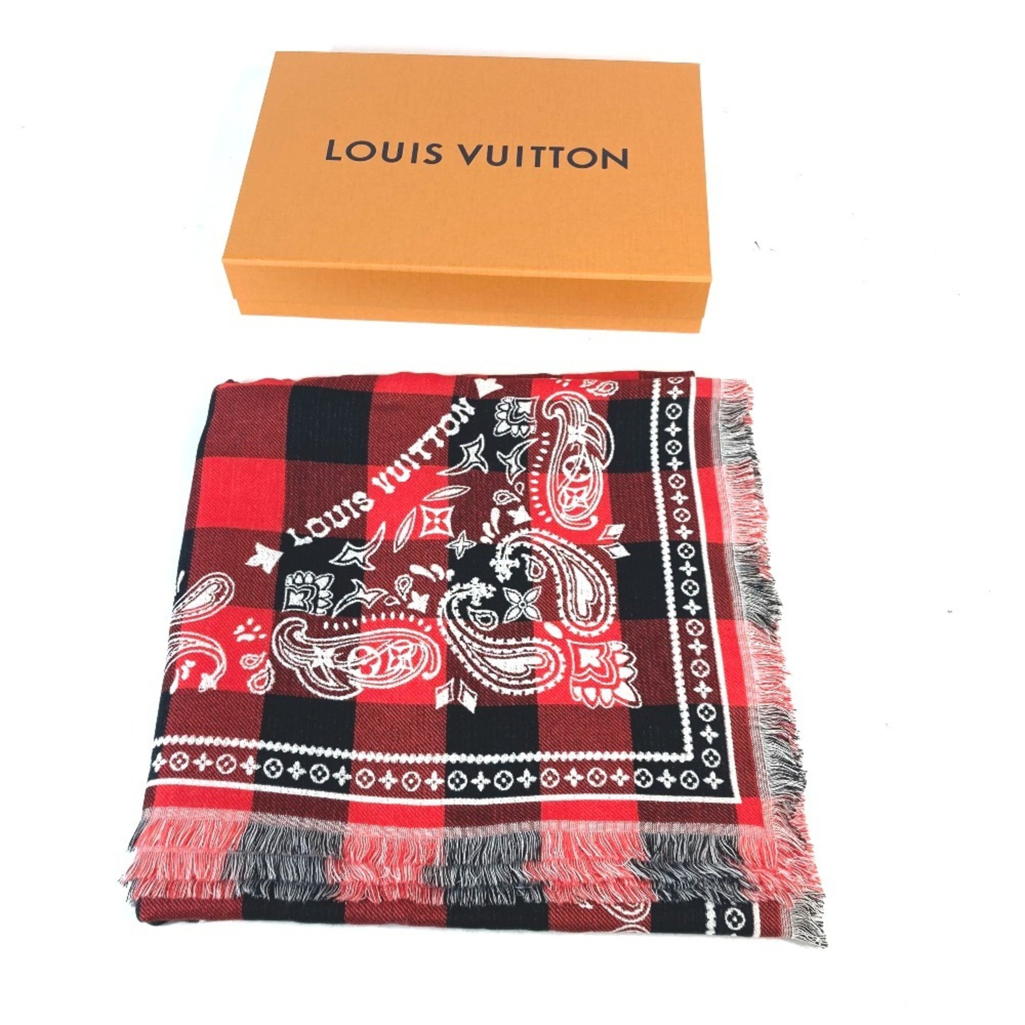 LOUIS VUITTON M90704 Damier Buffalo Shawl Large Scarf Stole Cotton Wool Men's Red