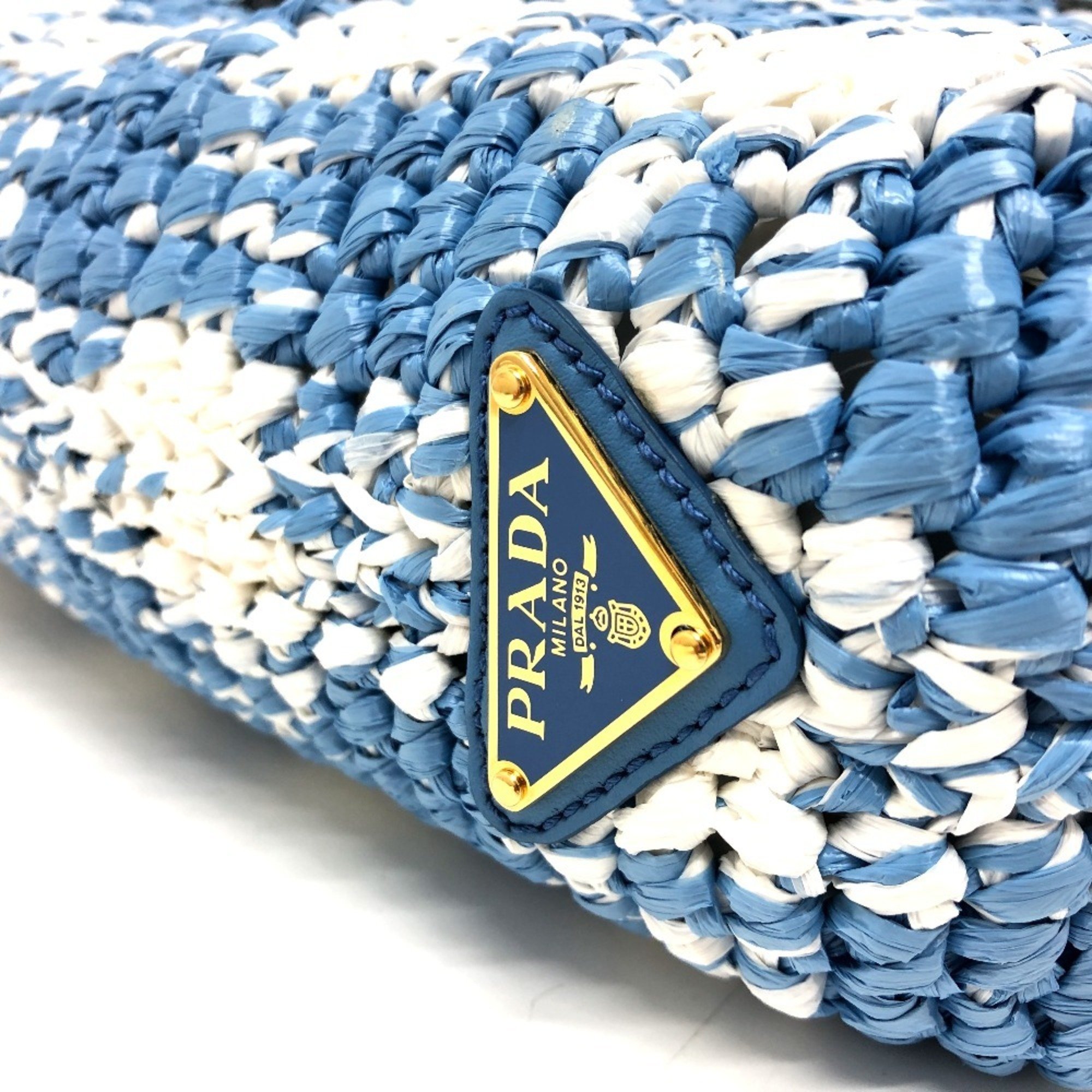 PRADA 1BG422 Small Crochet Basket Tote Bag Handbag Raffia Women's Blue