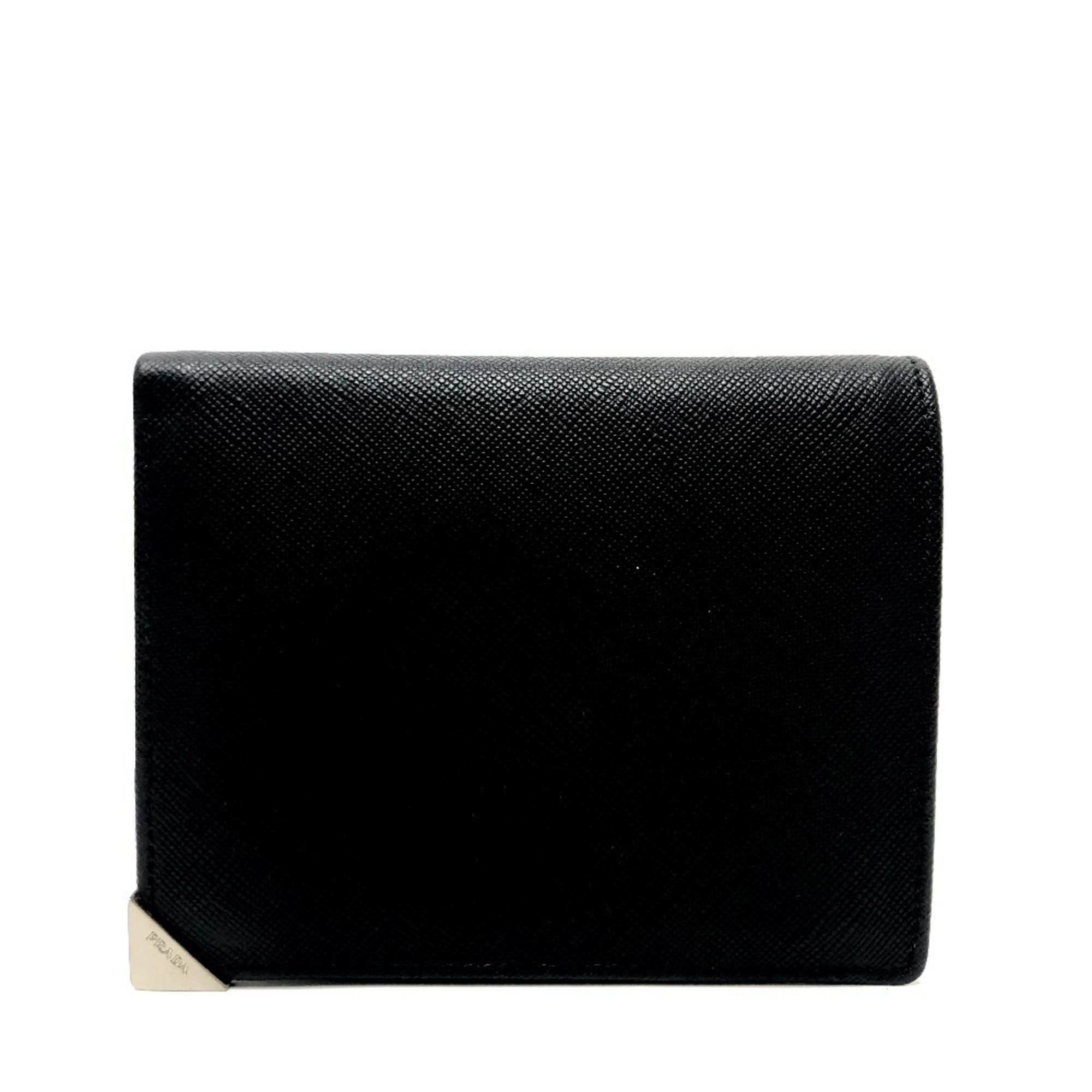 PRADA Prada Triangle Plate Wallet Compact Bill Compartment Bi-fold Saffiano Leather Women's Black