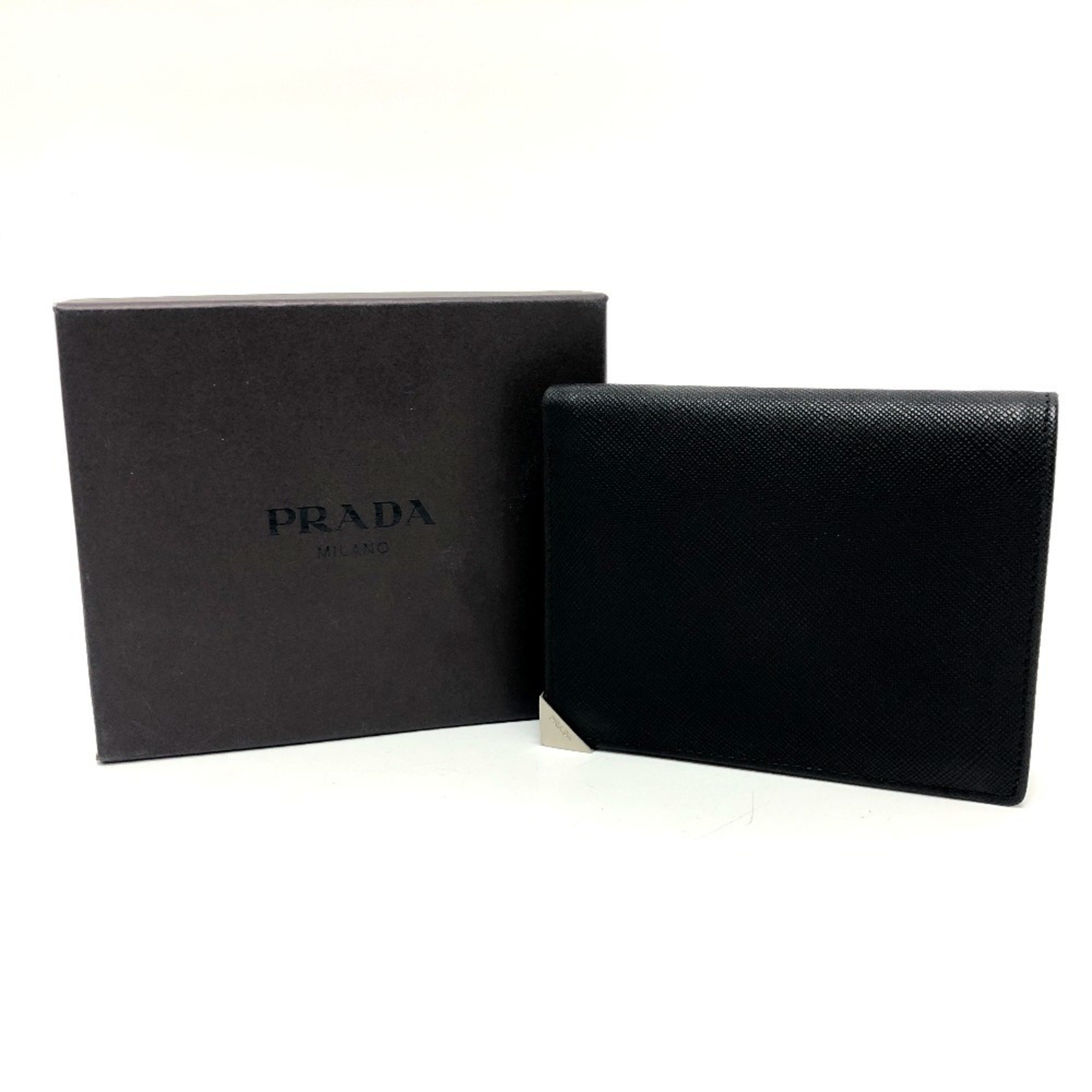 PRADA Prada Triangle Plate Wallet Compact Bill Compartment Bi-fold Saffiano Leather Women's Black