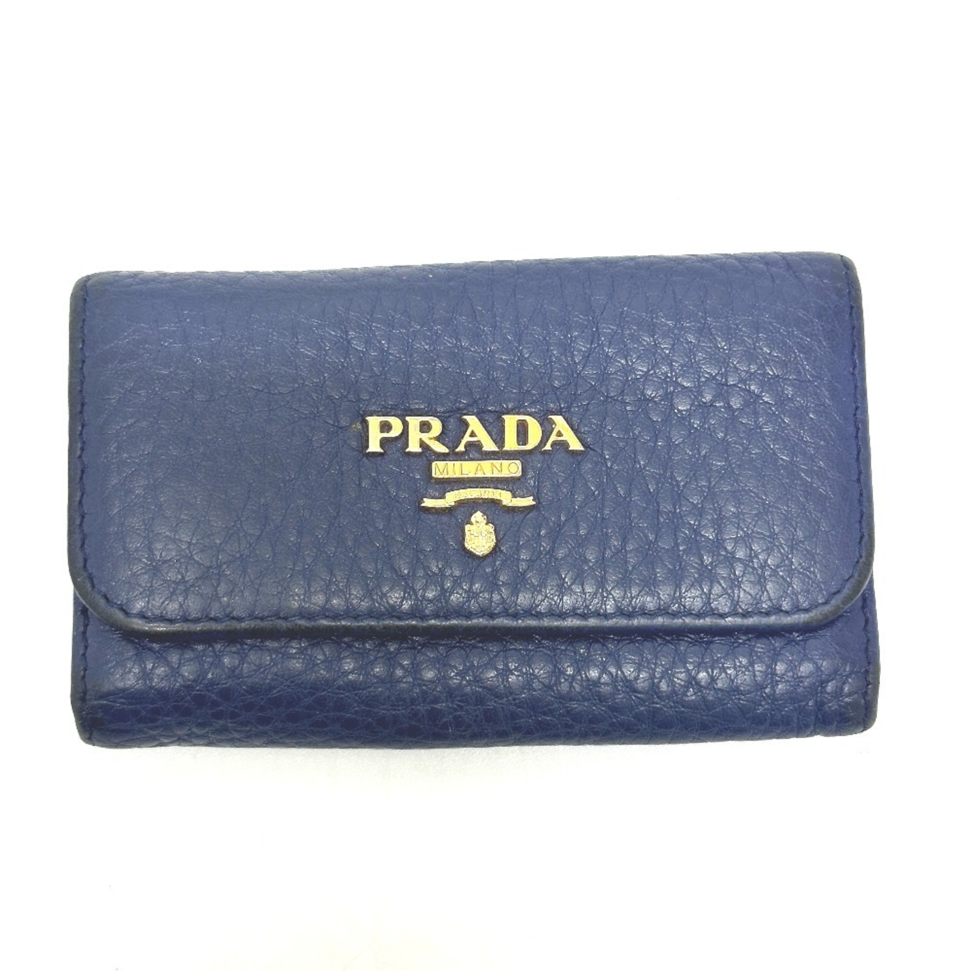 PRADA 1PG222 Triangle Plate 6-ring Key Case Leather Women's Blue