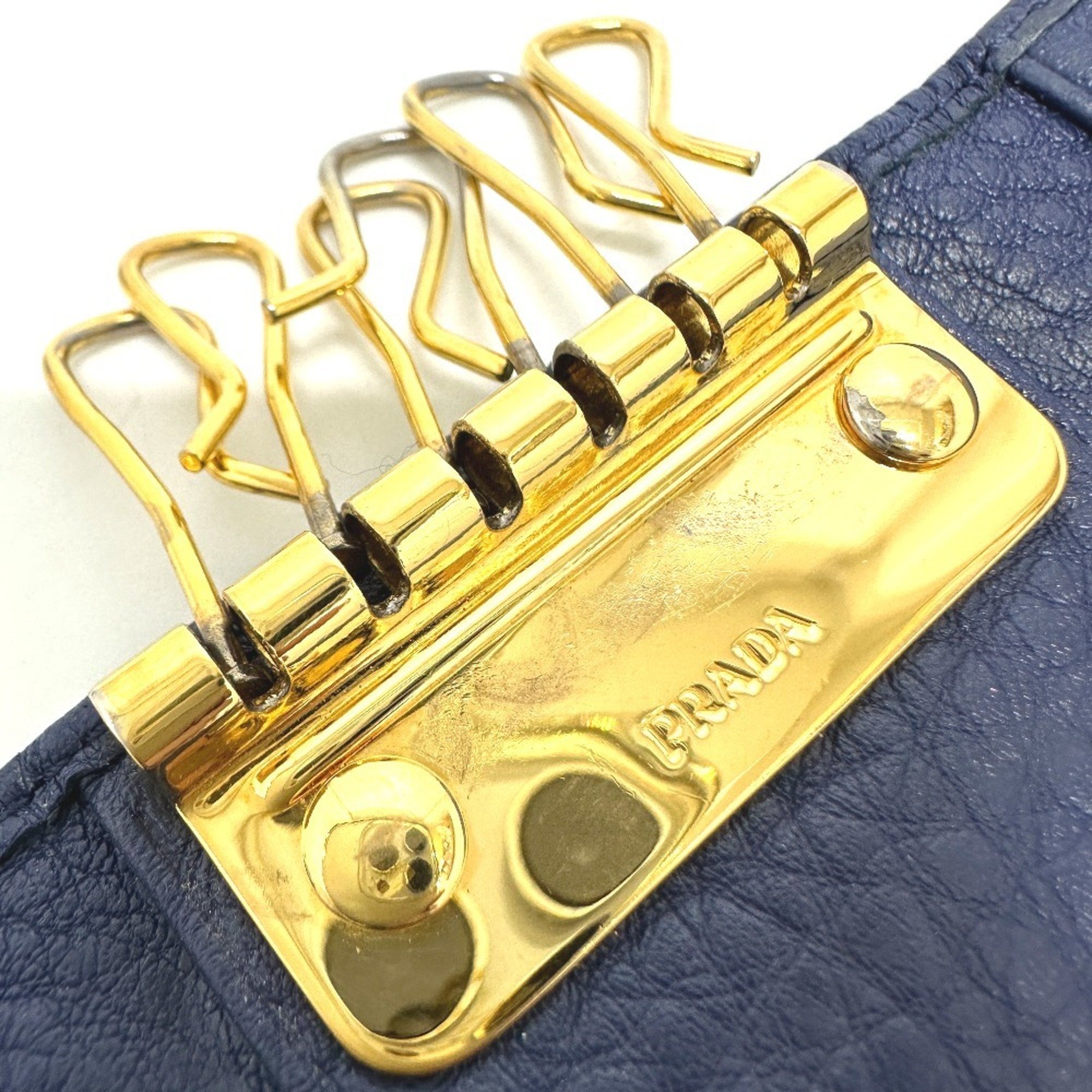 PRADA 1PG222 Triangle Plate 6-ring Key Case Leather Women's Blue