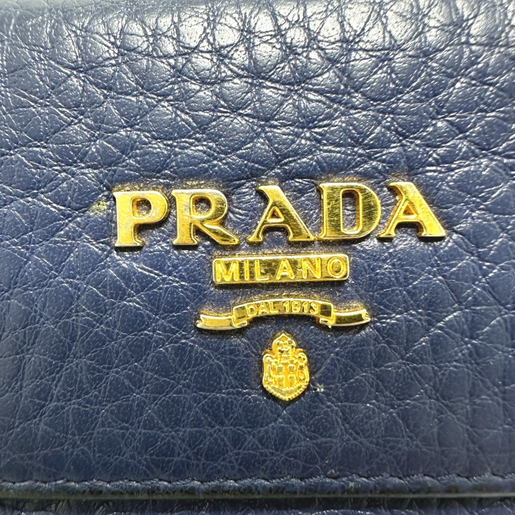 PRADA 1PG222 Triangle Plate 6-ring Key Case Leather Women's Blue