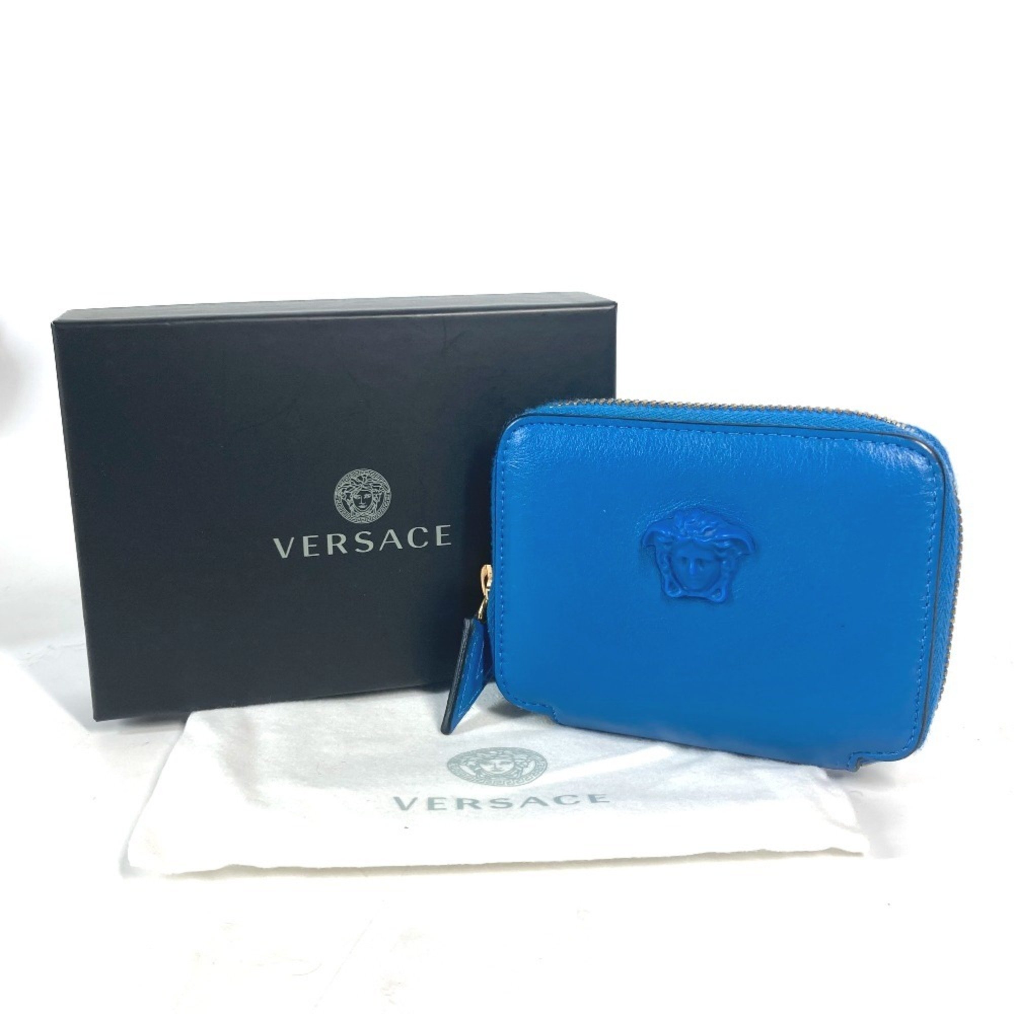 VERSACE Medusa Round Wallet Coin Purse Leather Men's Blue