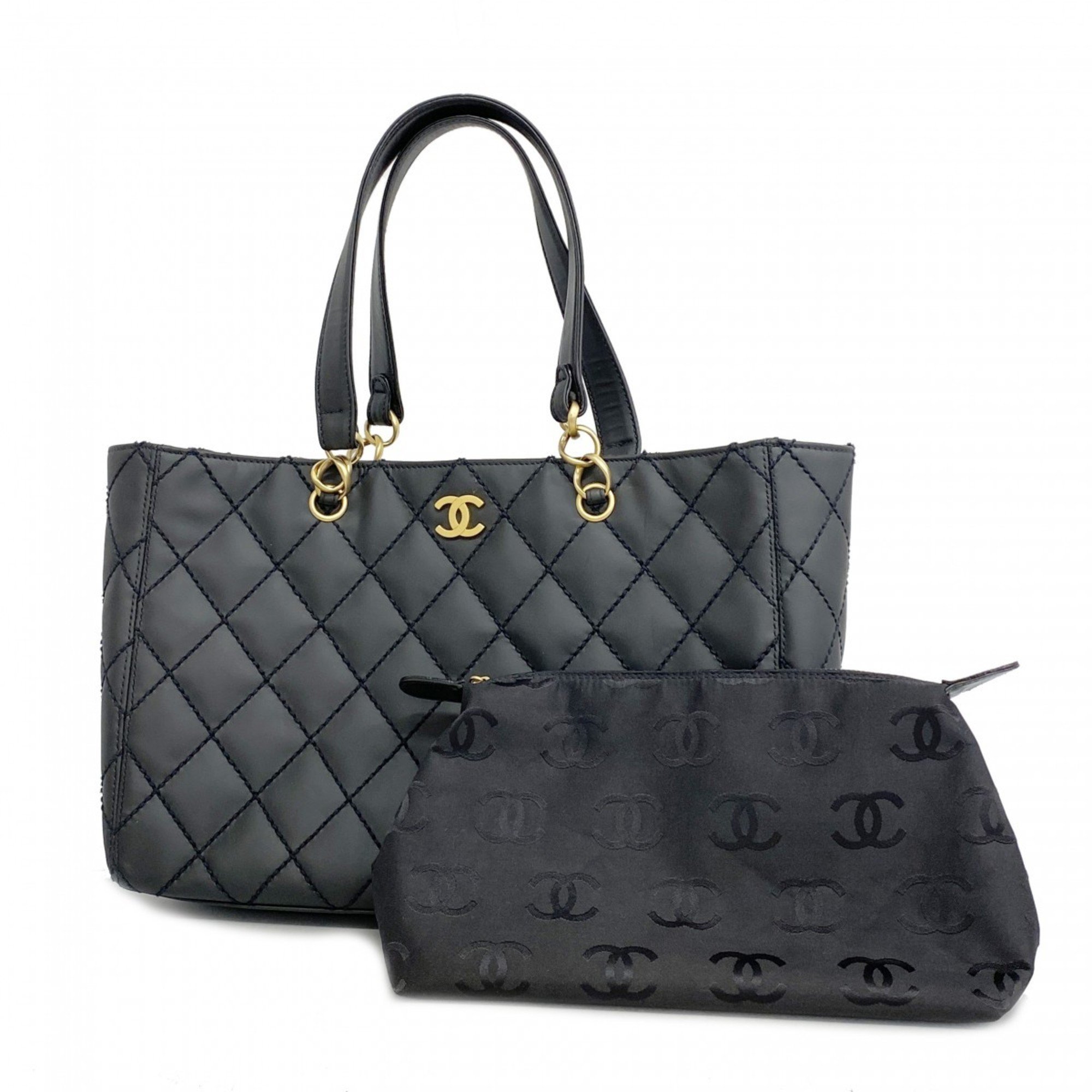 Chanel Tote Bag Wild Stitch Leather Black Women's