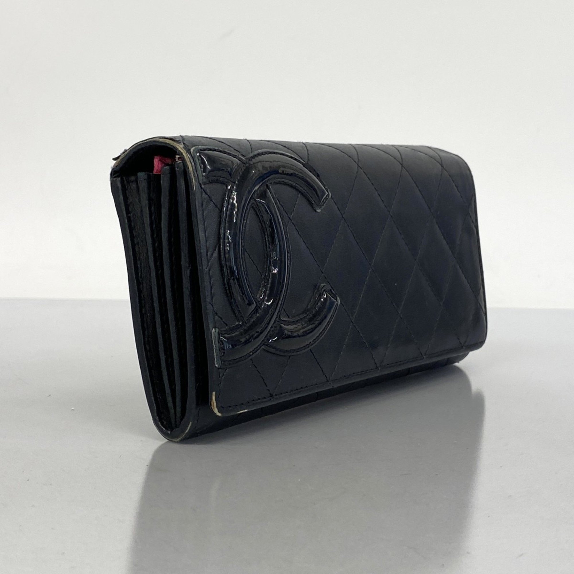 Chanel Long Wallet Cambon Lambskin Patent Leather Black Women's