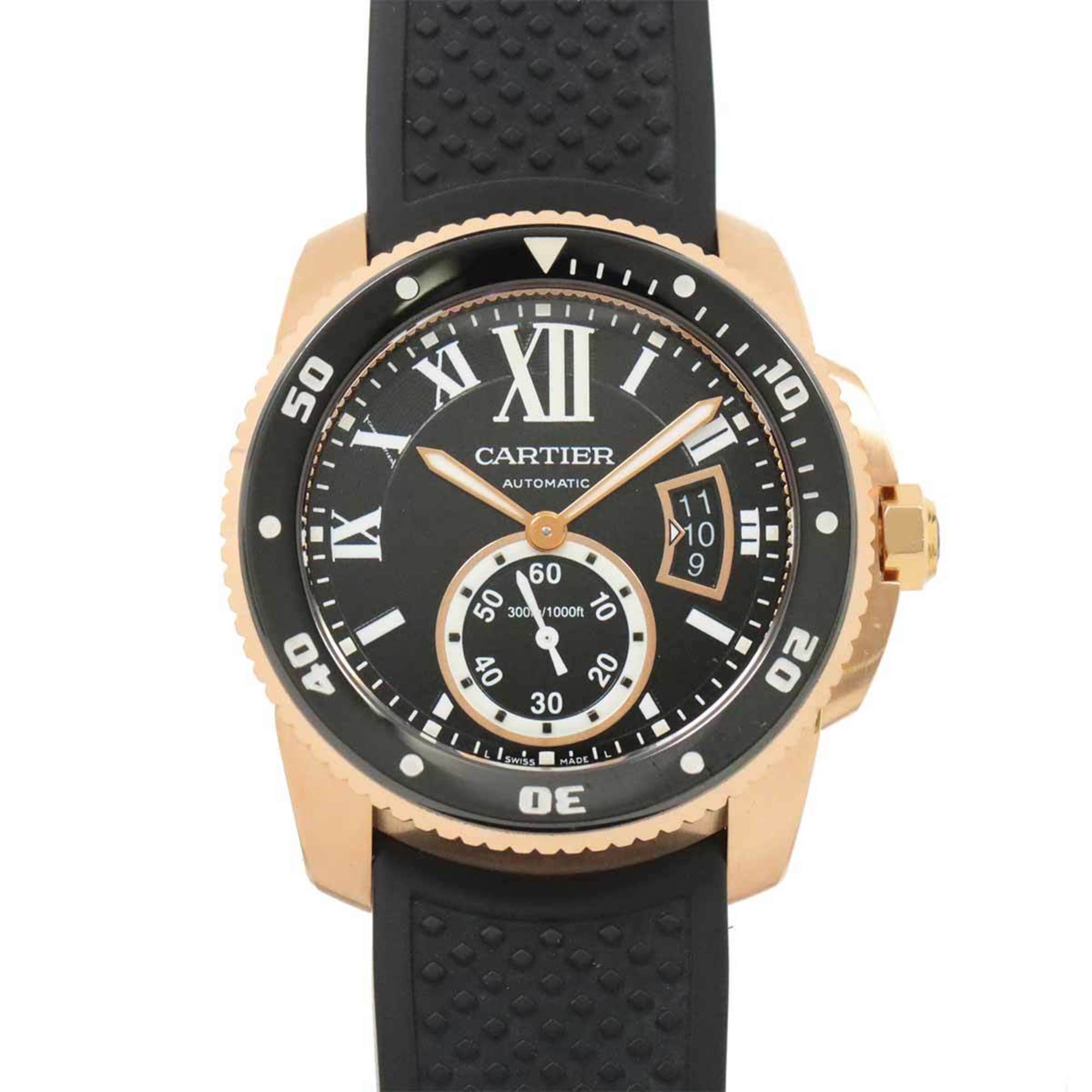 Cartier Calibre de Diver W7100052 Men's Watch Date Black K18PG Pink Gold Automatic