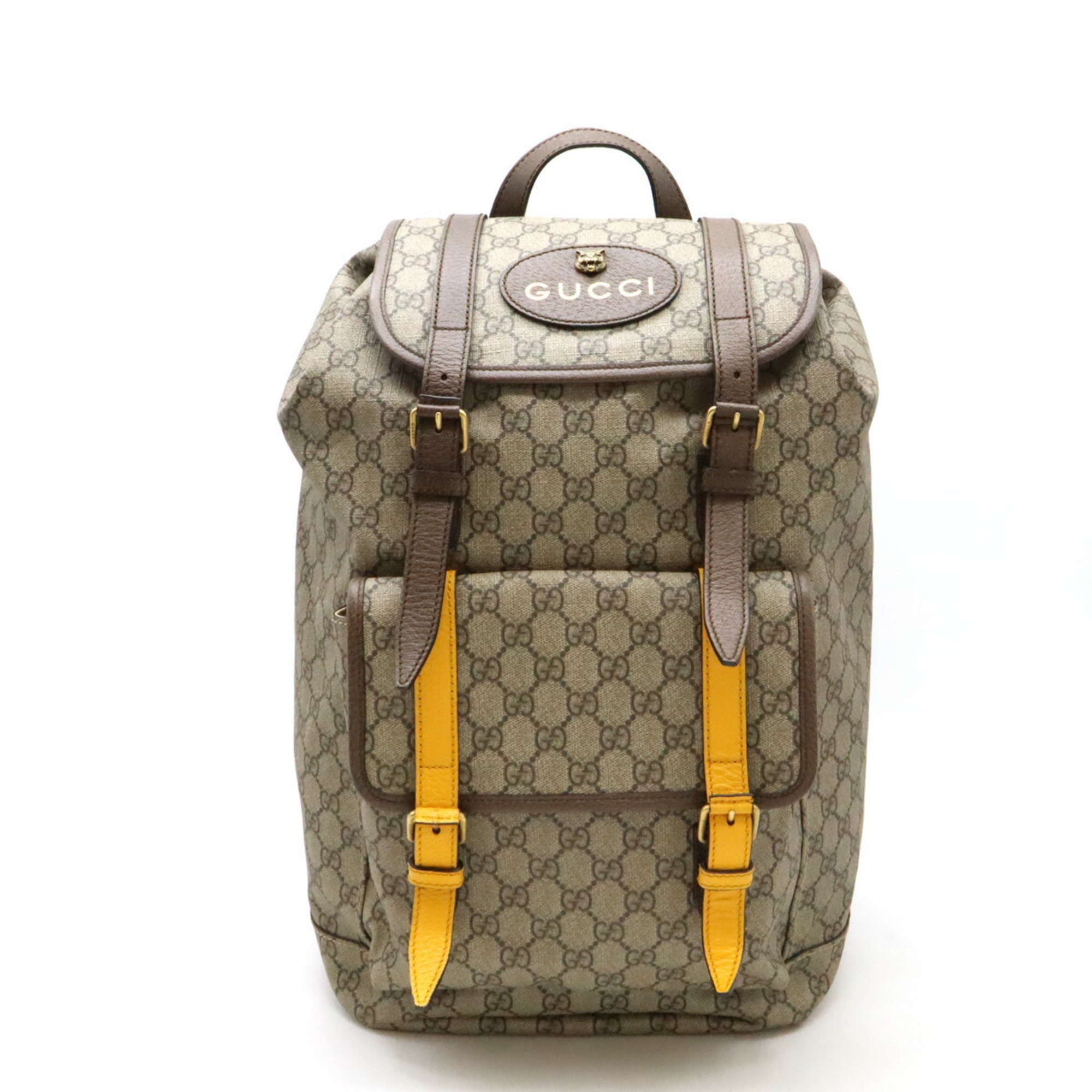 GUCCI Soft GG Supreme Courier Backpack Rucksack Daypack Cat Head PVC Leather Beige Yellow 473869