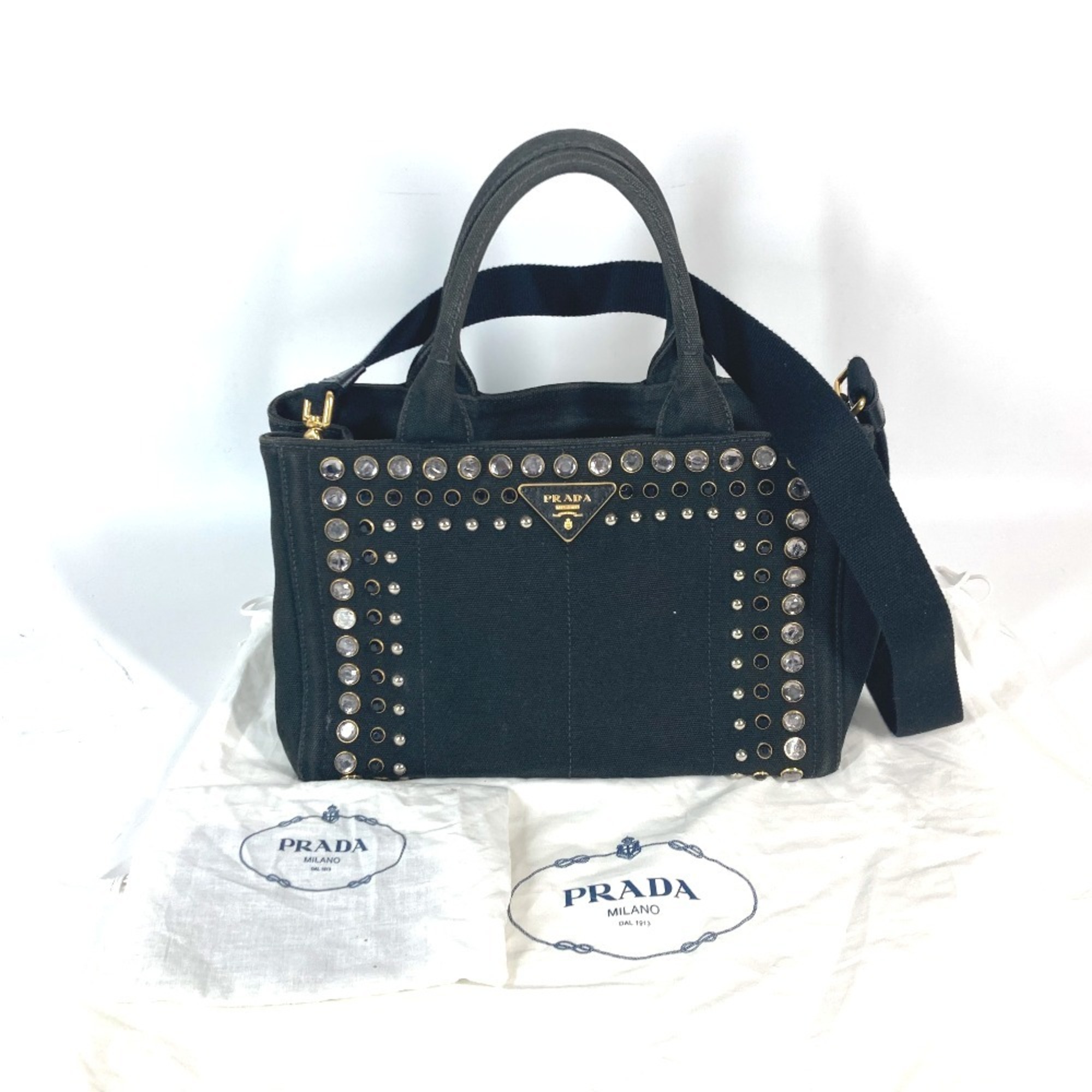 PRADA 1BG439 Canapa S Bag with Stones Shoulder Handbag Tote Canvas Women's Black