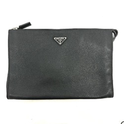 PRADA 2VN014 Triangle Plate Leather Clutch Bag Men's Black