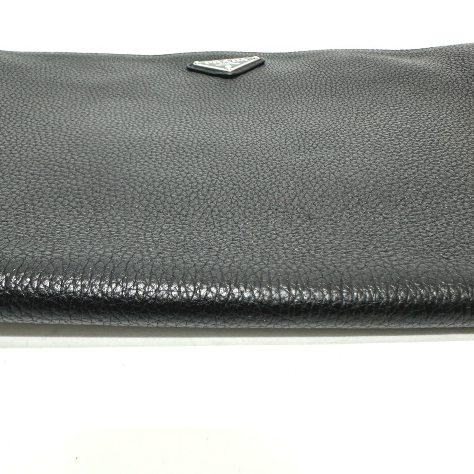 PRADA 2VN014 Triangle Plate Leather Clutch Bag Men's Black