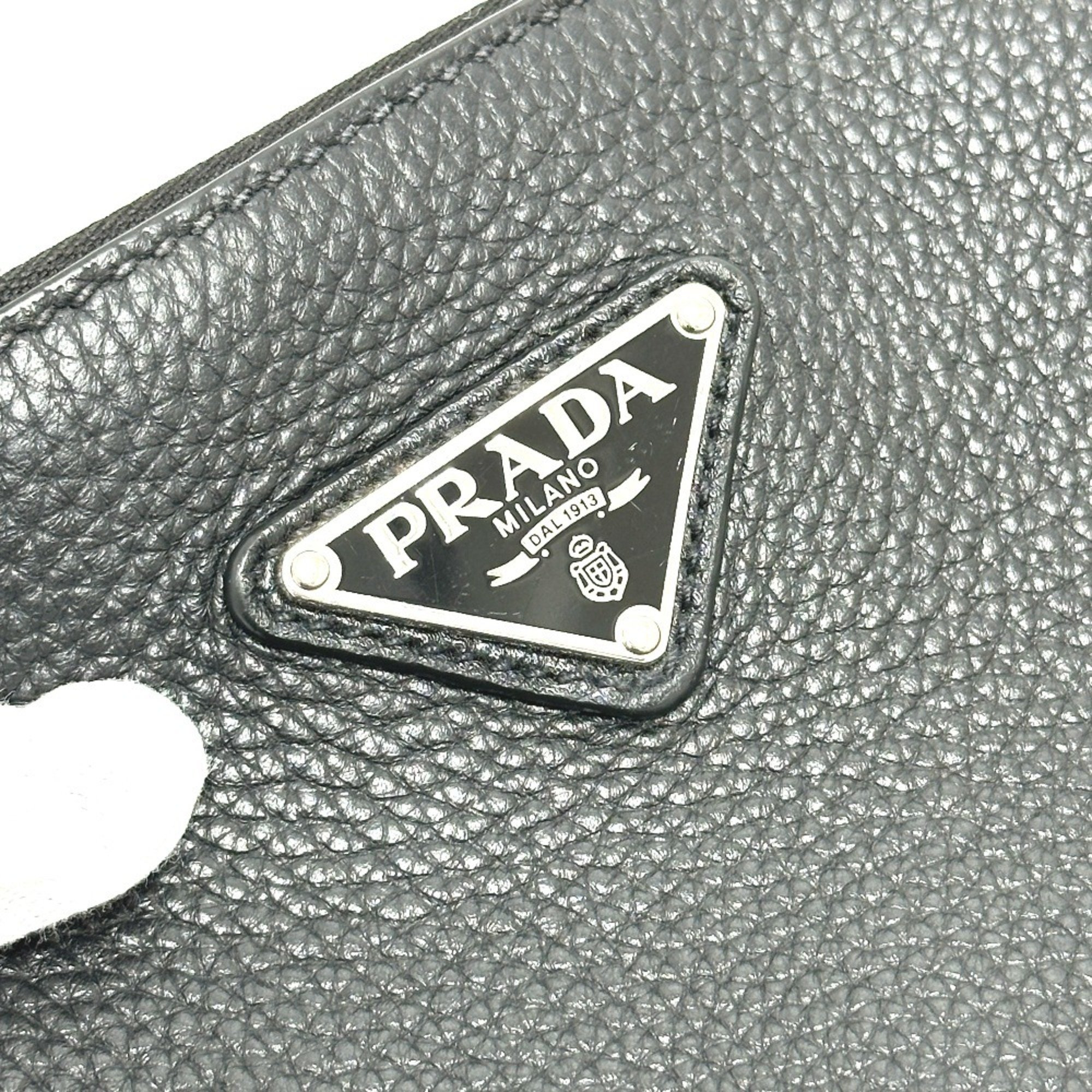 PRADA 2VN014 Triangle Plate Leather Clutch Bag Men's Black