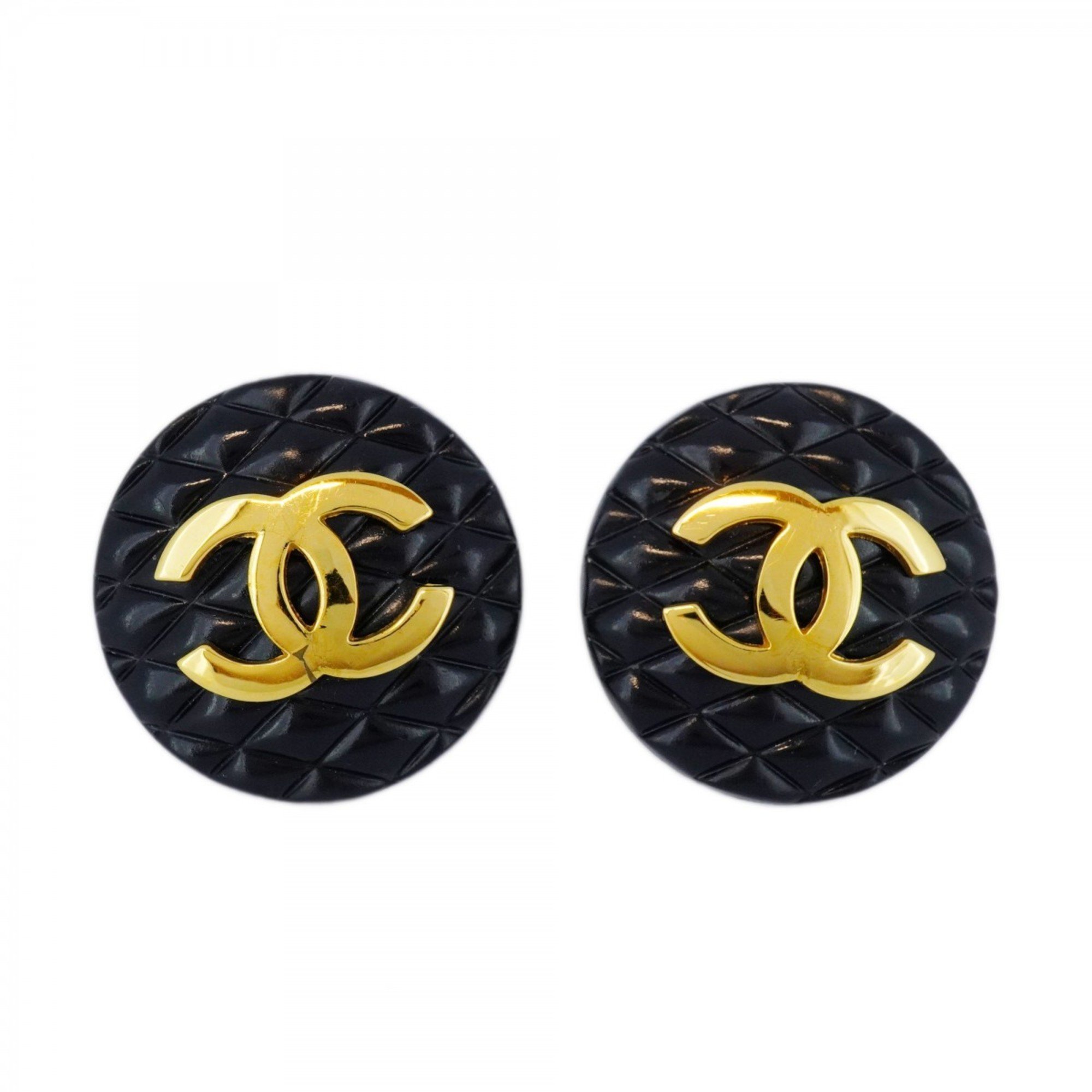 Chanel Earrings Coco Mark Matelasse Circle Plastic GP Plated Gold Black Ladies