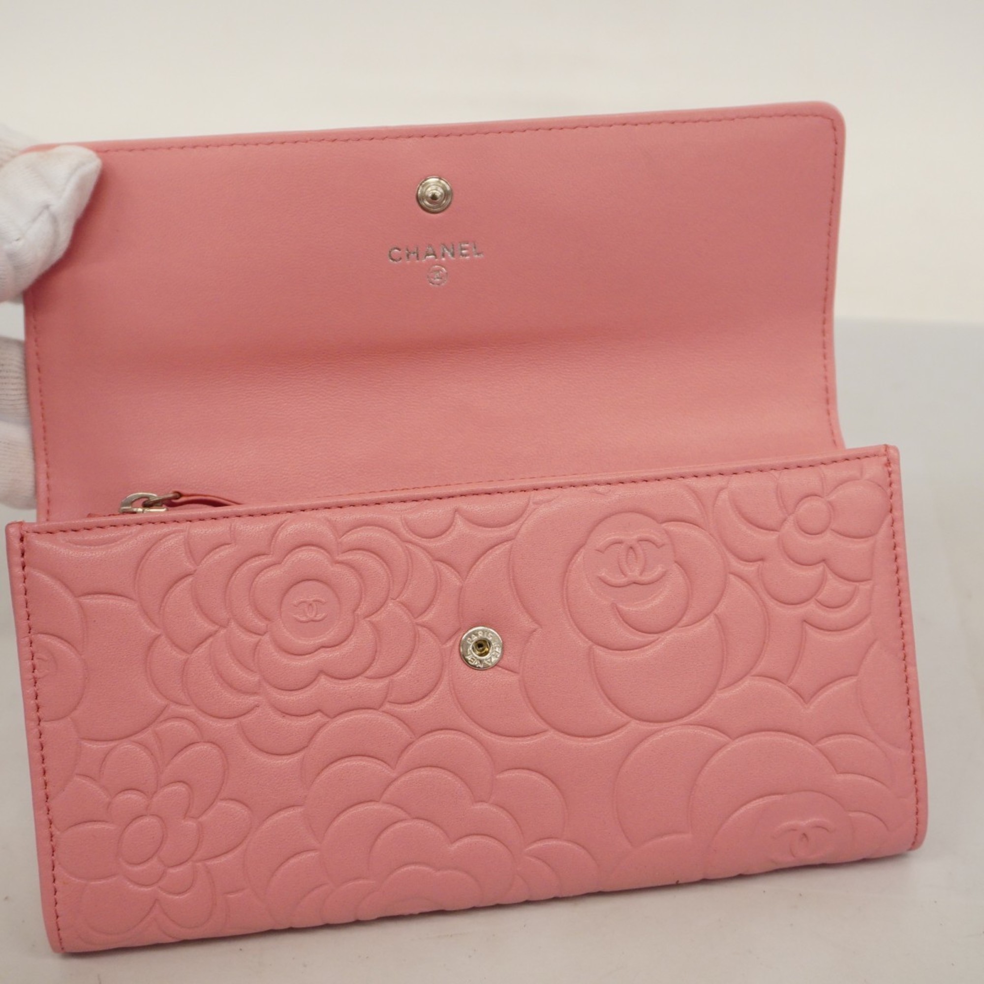 Chanel long wallet camellia leather pink ladies