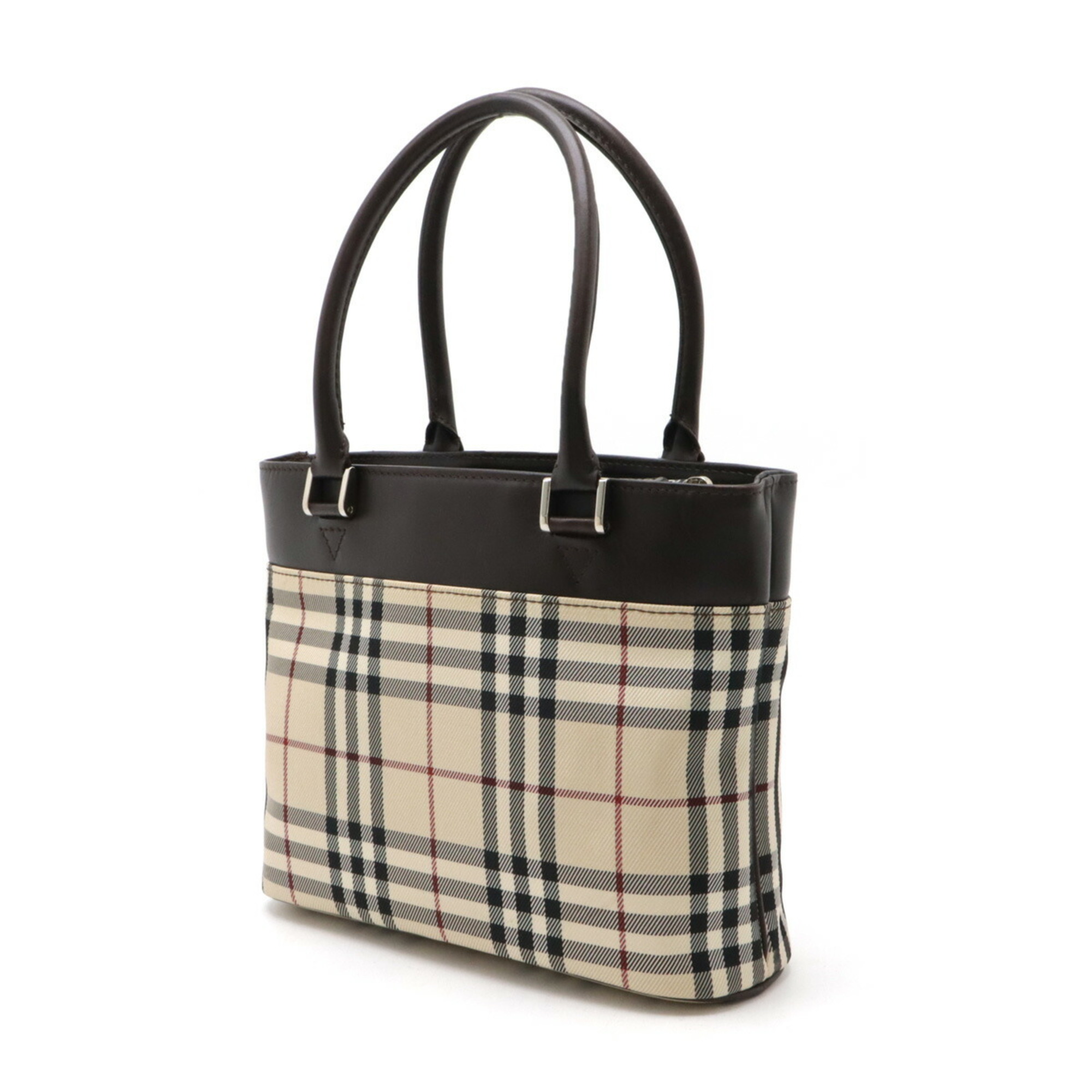 BURBERRY Nova Check Pattern Handbag Tote Bag Nylon Canvas Leather Beige Dark Brown