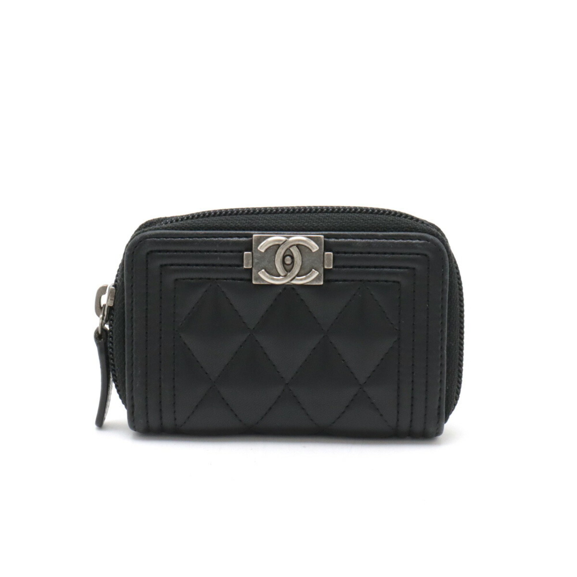 CHANEL BOY Coco Mark Coin Case, Round, Leather, Black, A80602