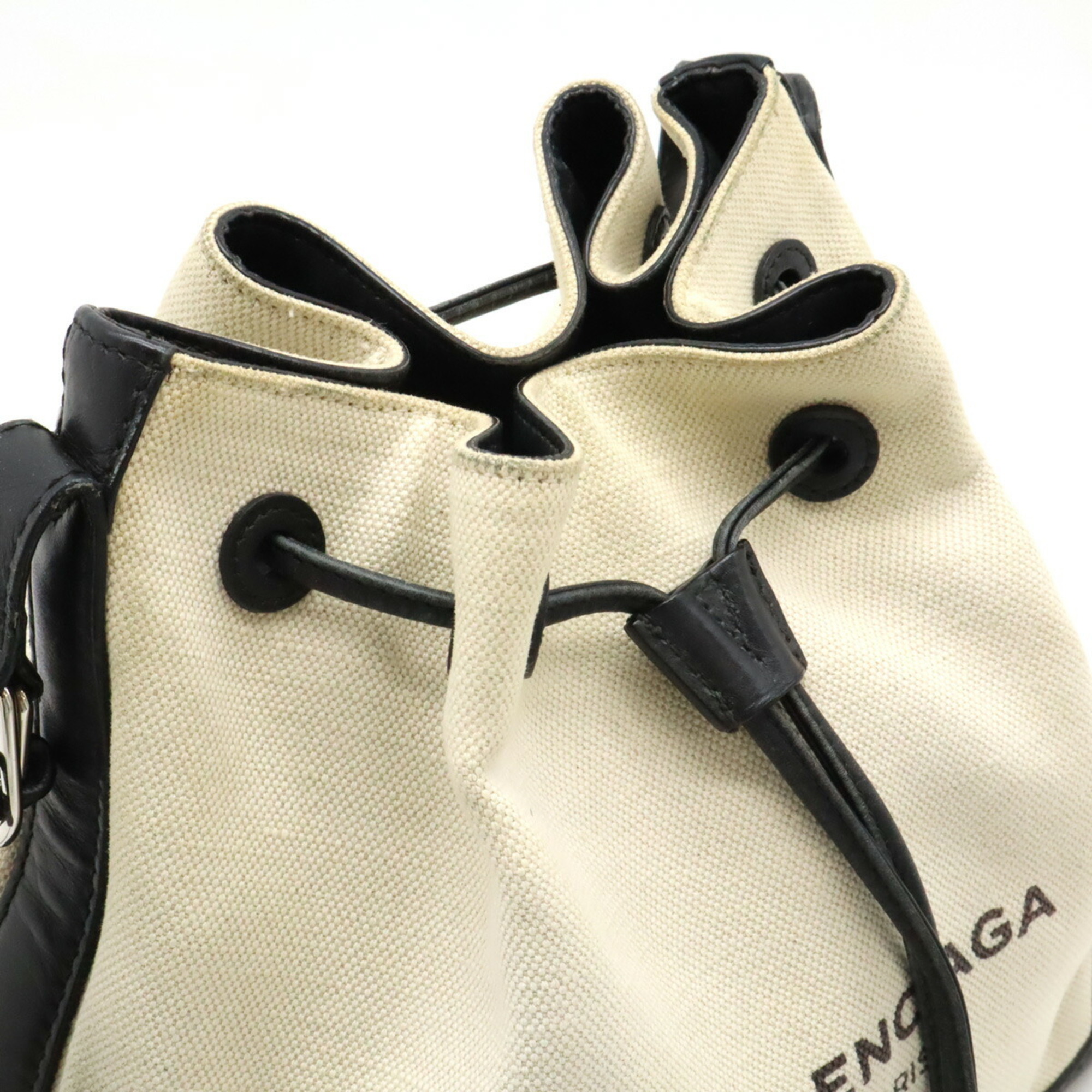 BALENCIAGA Navy Bucket Shoulder Bag Canvas Leather Ivory Black 409000