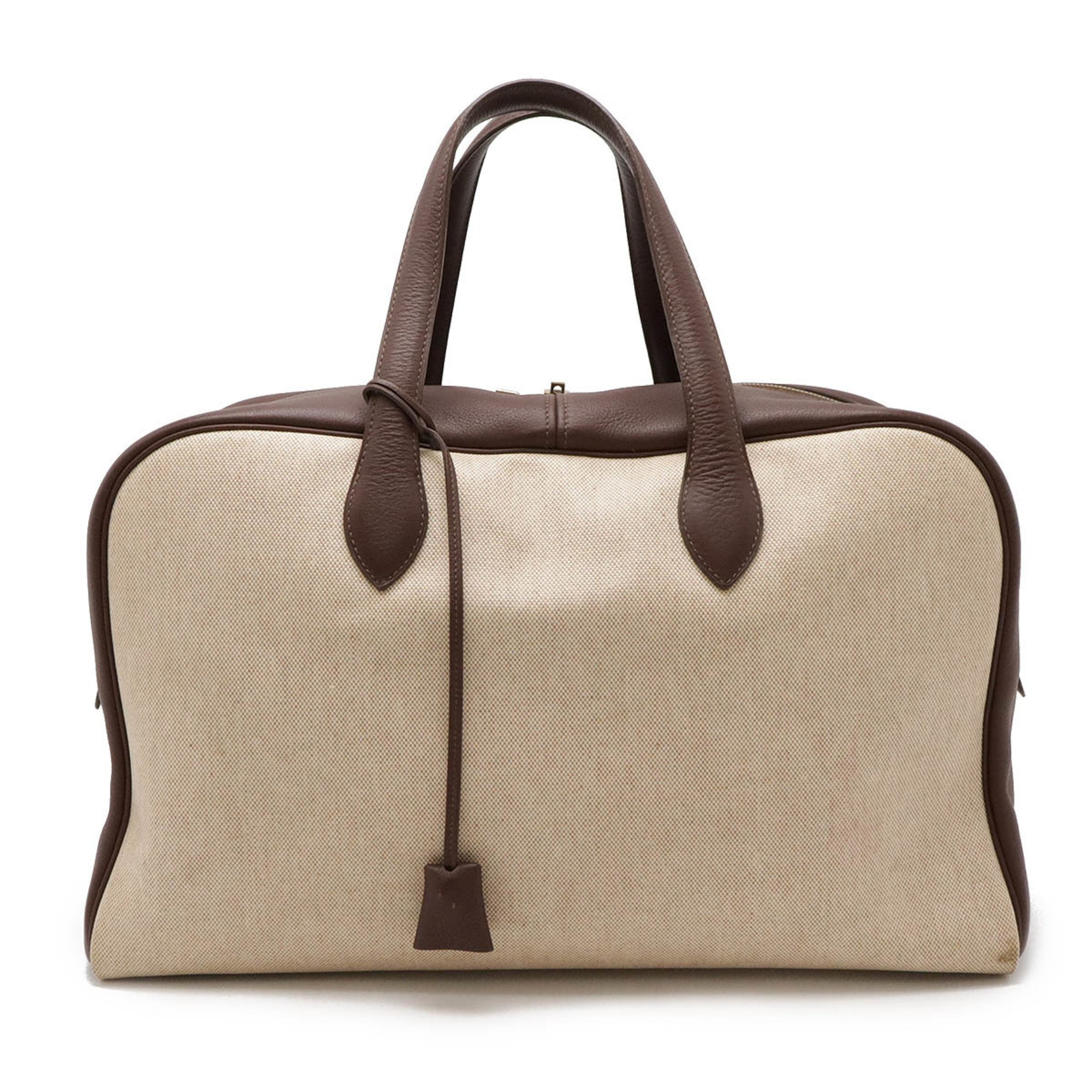 HERMES Victoria 43 Boston Bag Travel Toile H Taurillon Clemence Beige Tail Brown