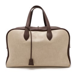 HERMES Victoria 43 Boston Bag Travel Toile H Taurillon Clemence Beige Tail Brown