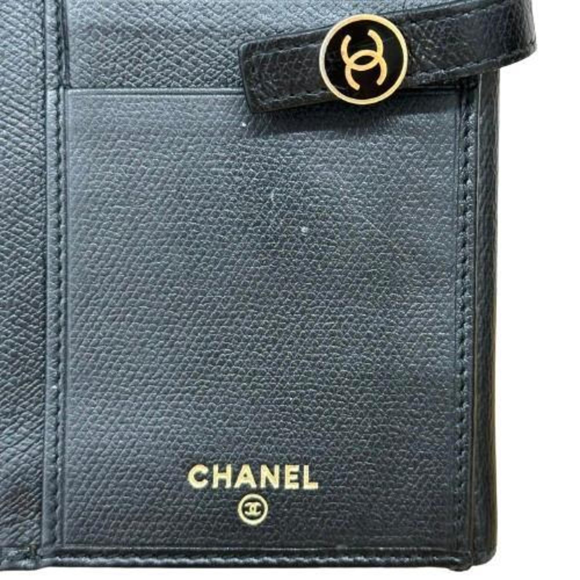 CHANEL Coco Button Long Wallet Black Leather No. 8 Men's Women's