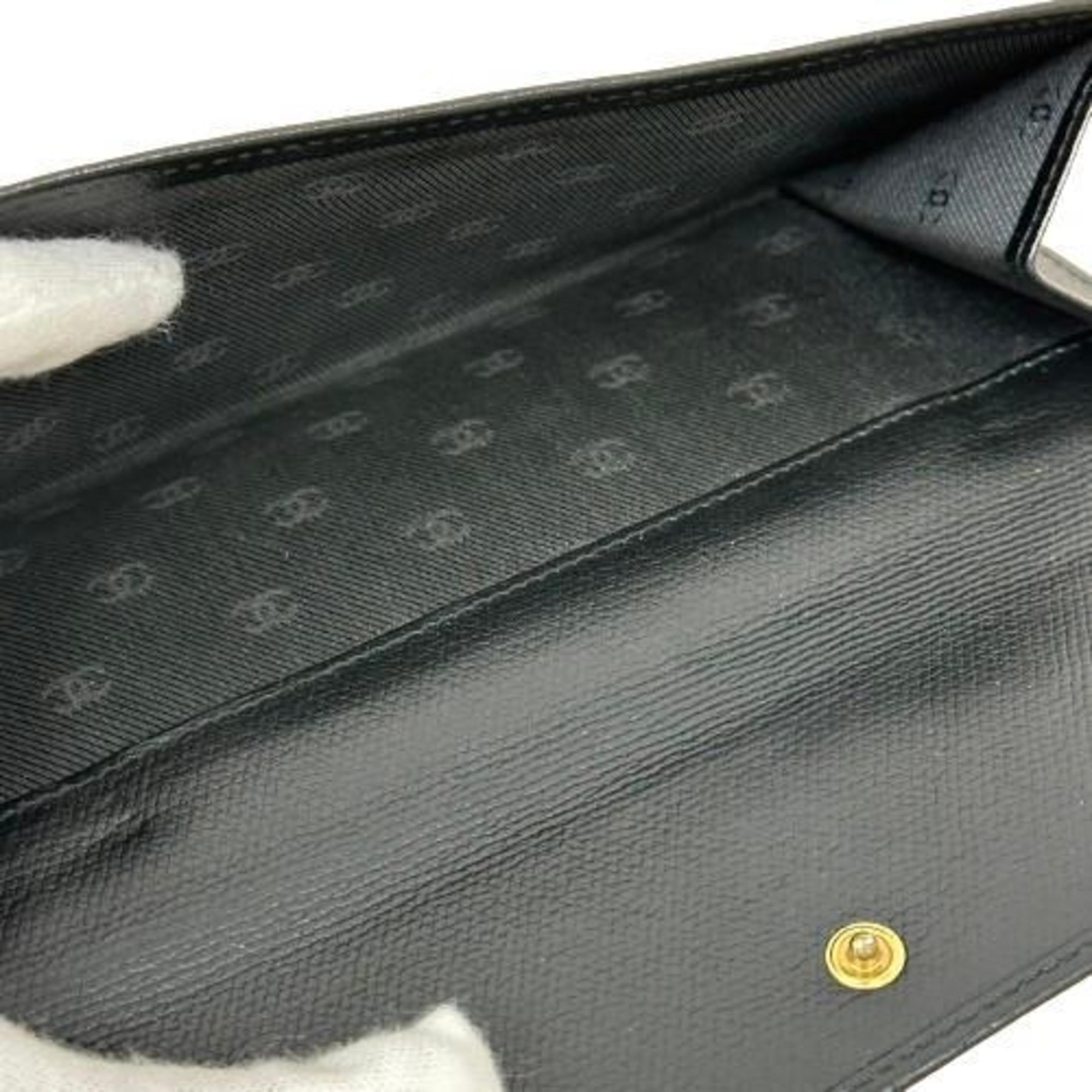 CHANEL Coco Button Long Wallet Black Leather No. 8 Men's Women's