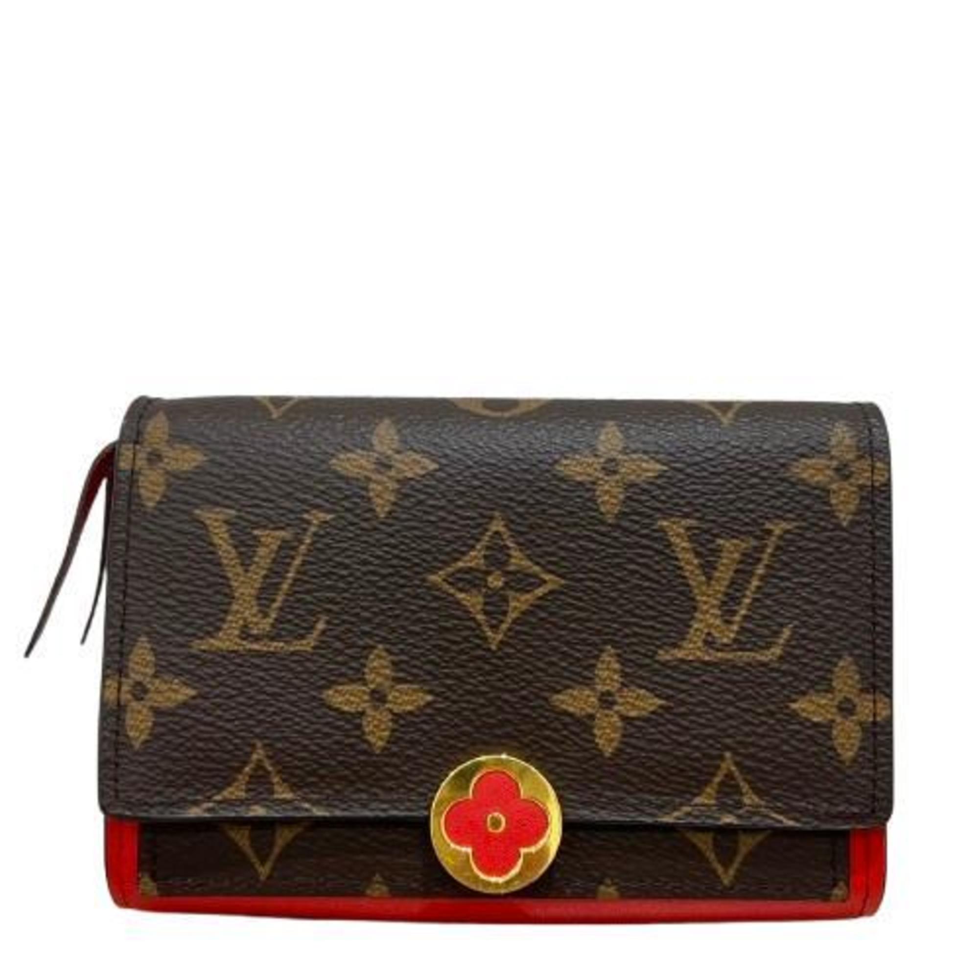 Louis Vuitton M64588 Monogram Portefeuille Flore Compact Fuchsia Initials Red Brown Women's