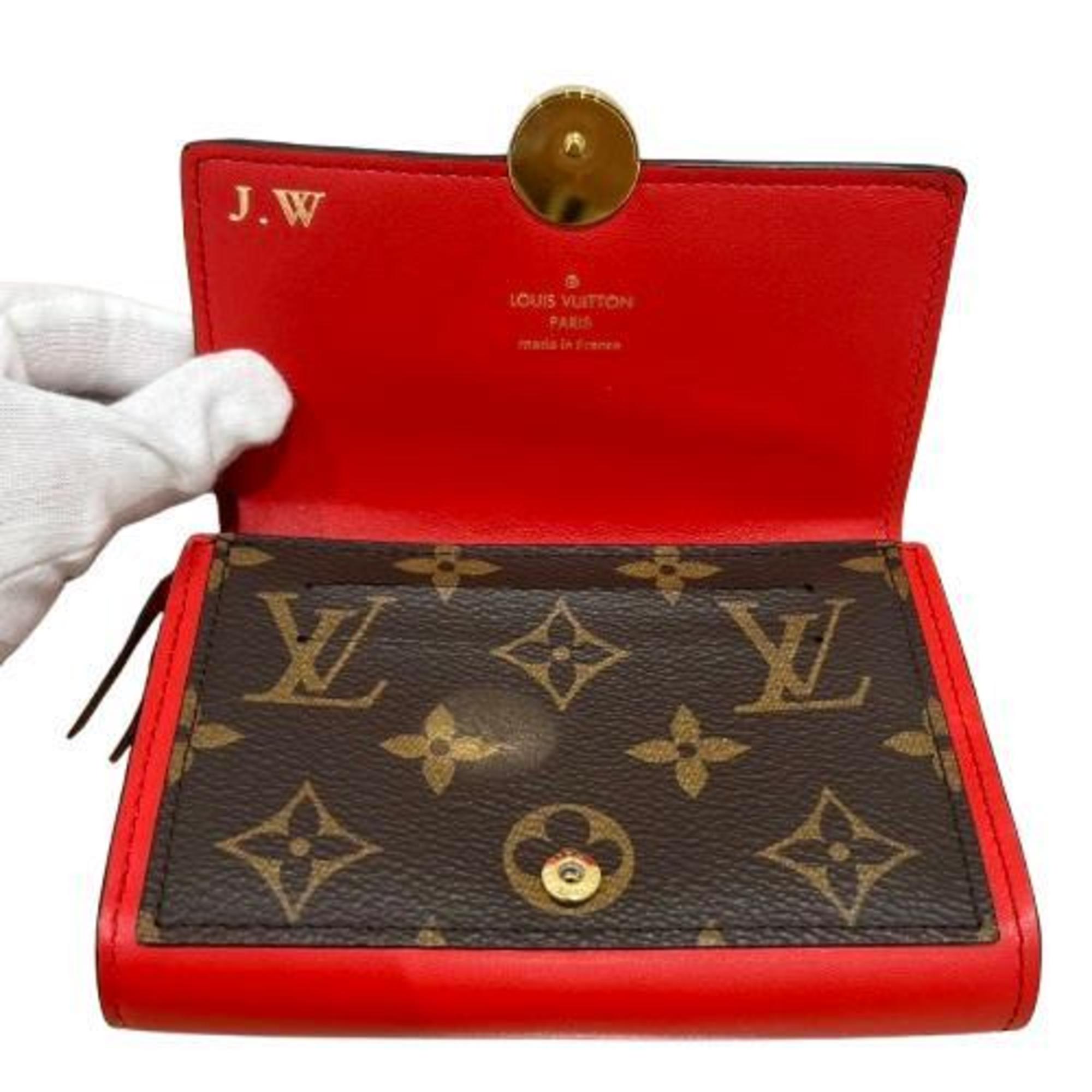 Louis Vuitton M64588 Monogram Portefeuille Flore Compact Fuchsia Initials Red Brown Women's