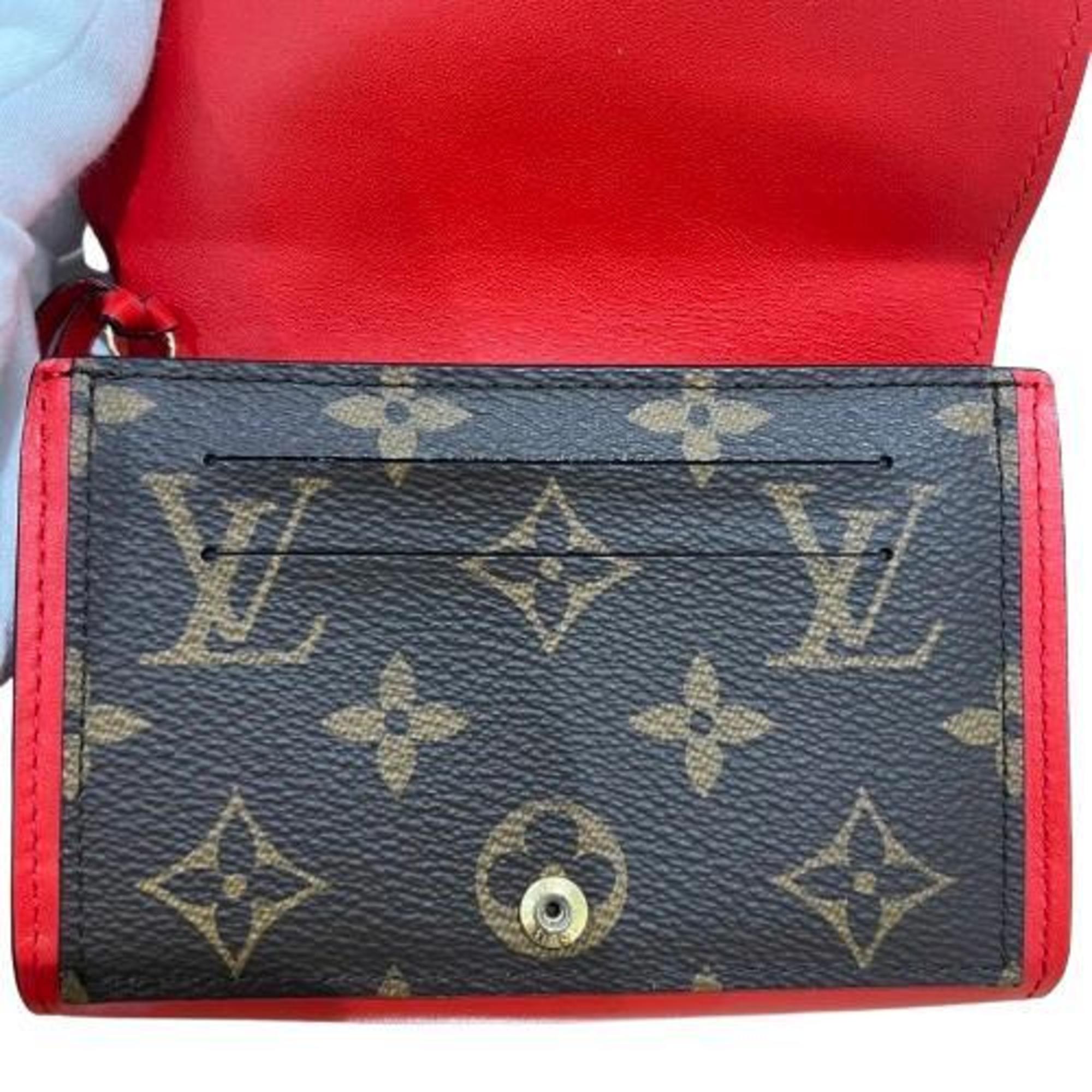 Louis Vuitton M64588 Monogram Portefeuille Flore Compact Fuchsia Initials Red Brown Women's