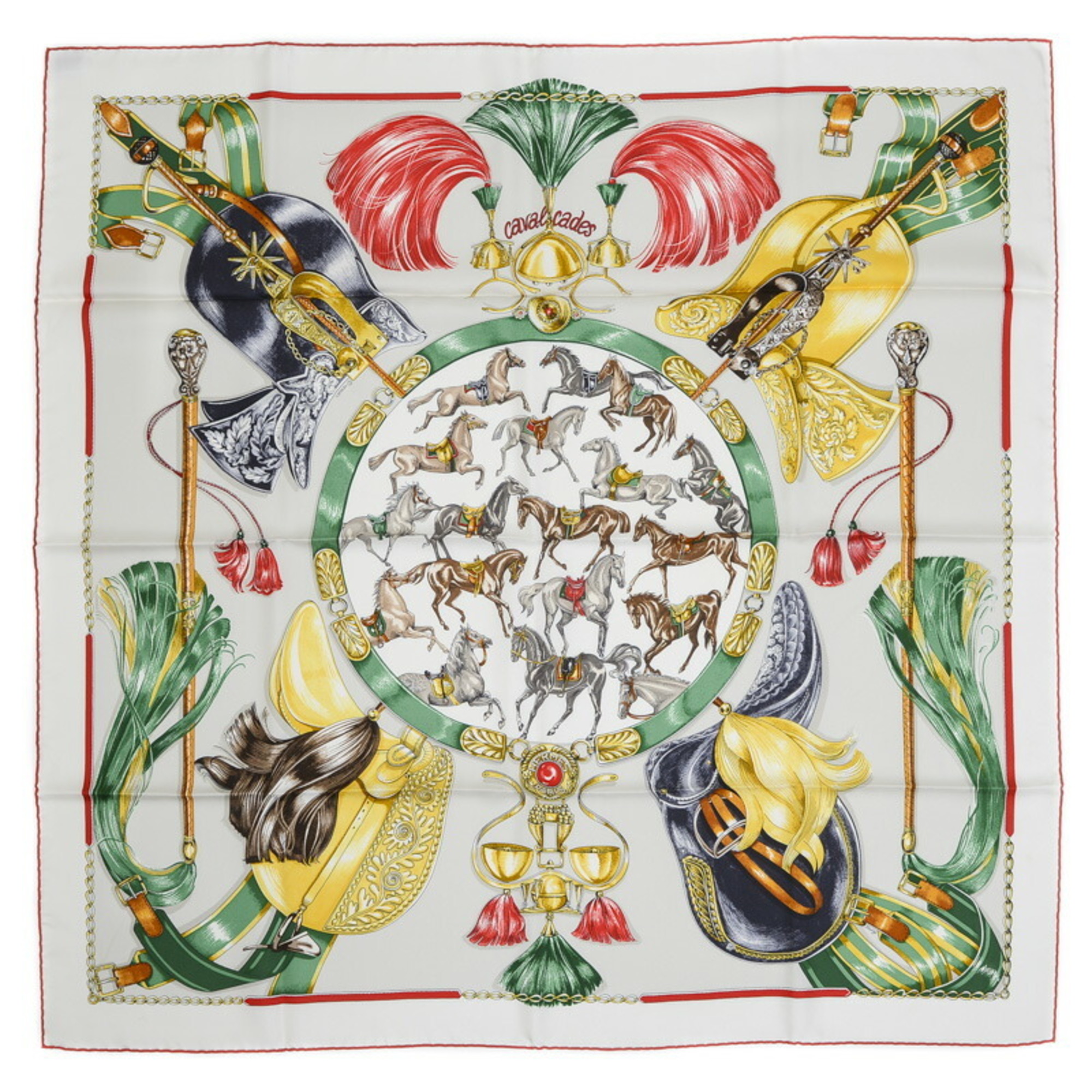 Hermes Carre 90 Scarf Cabal Cades White Red 100% Silk