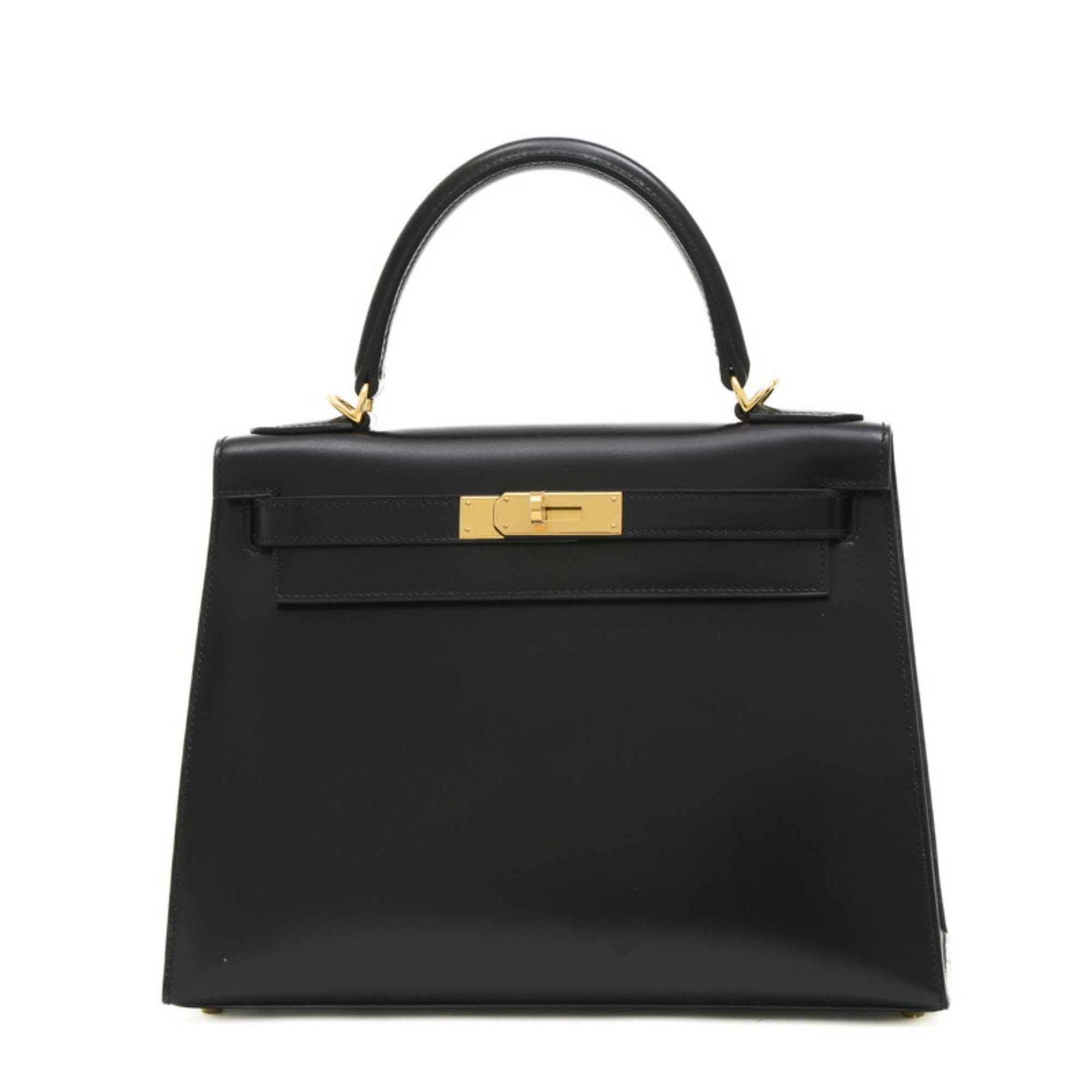 Hermes Kelly 28 Outer Stitched Handbag Box Calf Black B Stamp