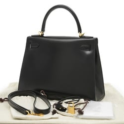 Hermes Kelly 28 Outer Stitched Handbag Box Calf Black B Stamp