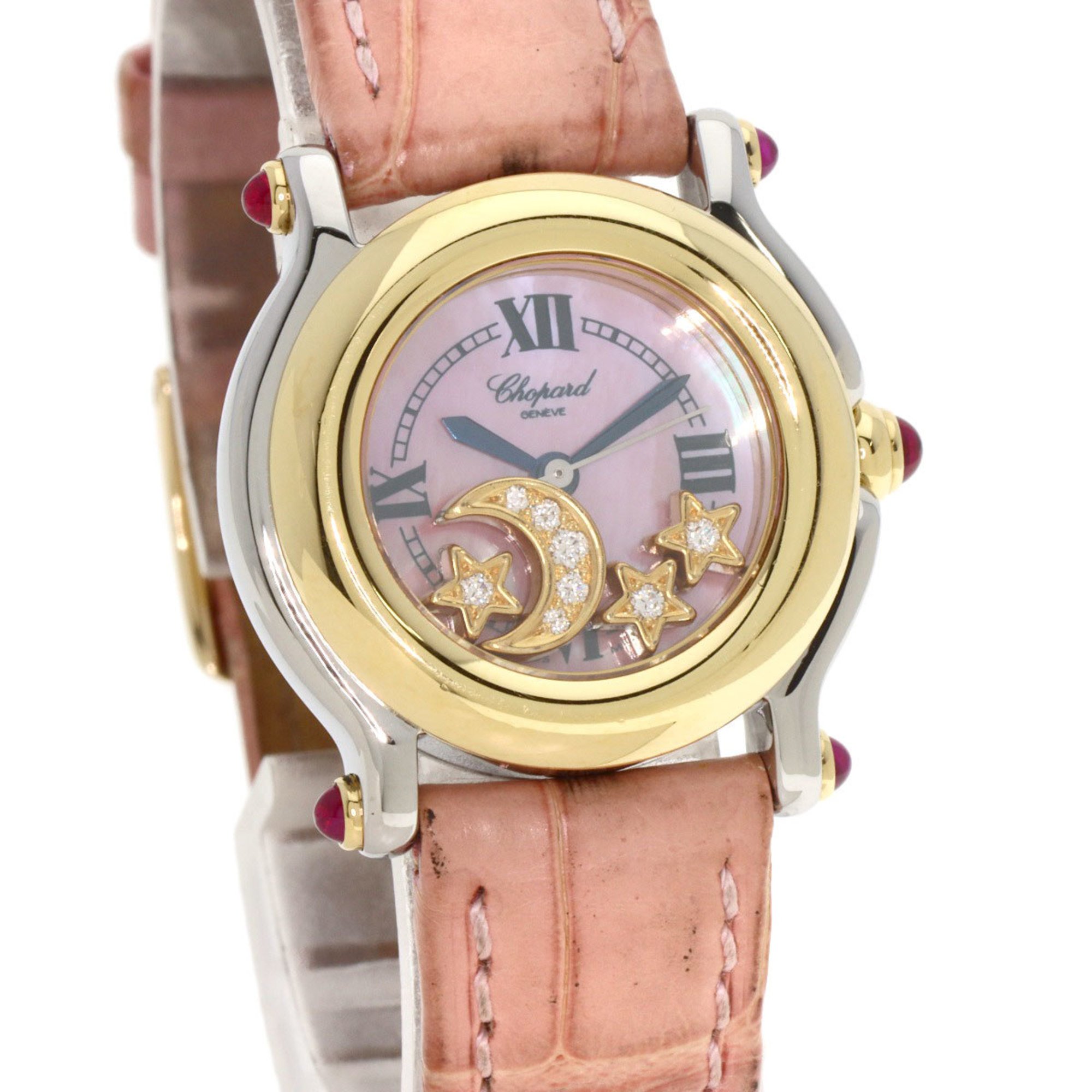 Chopard Happy Sport Moon Star Watch Stainless Steel Leather K18YG Women's