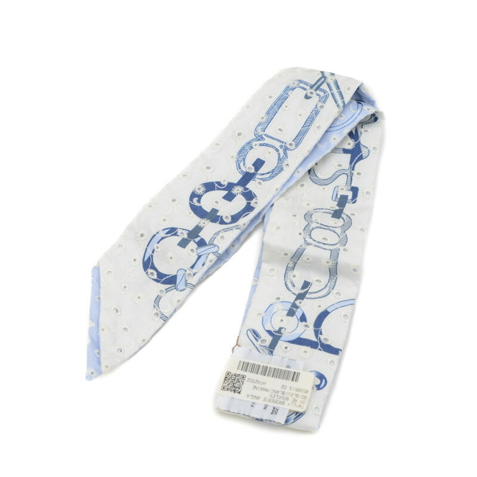 Hermes Twilly Scarf Embroidered Dress Buckle English Embroidery Blue Blanc Marine