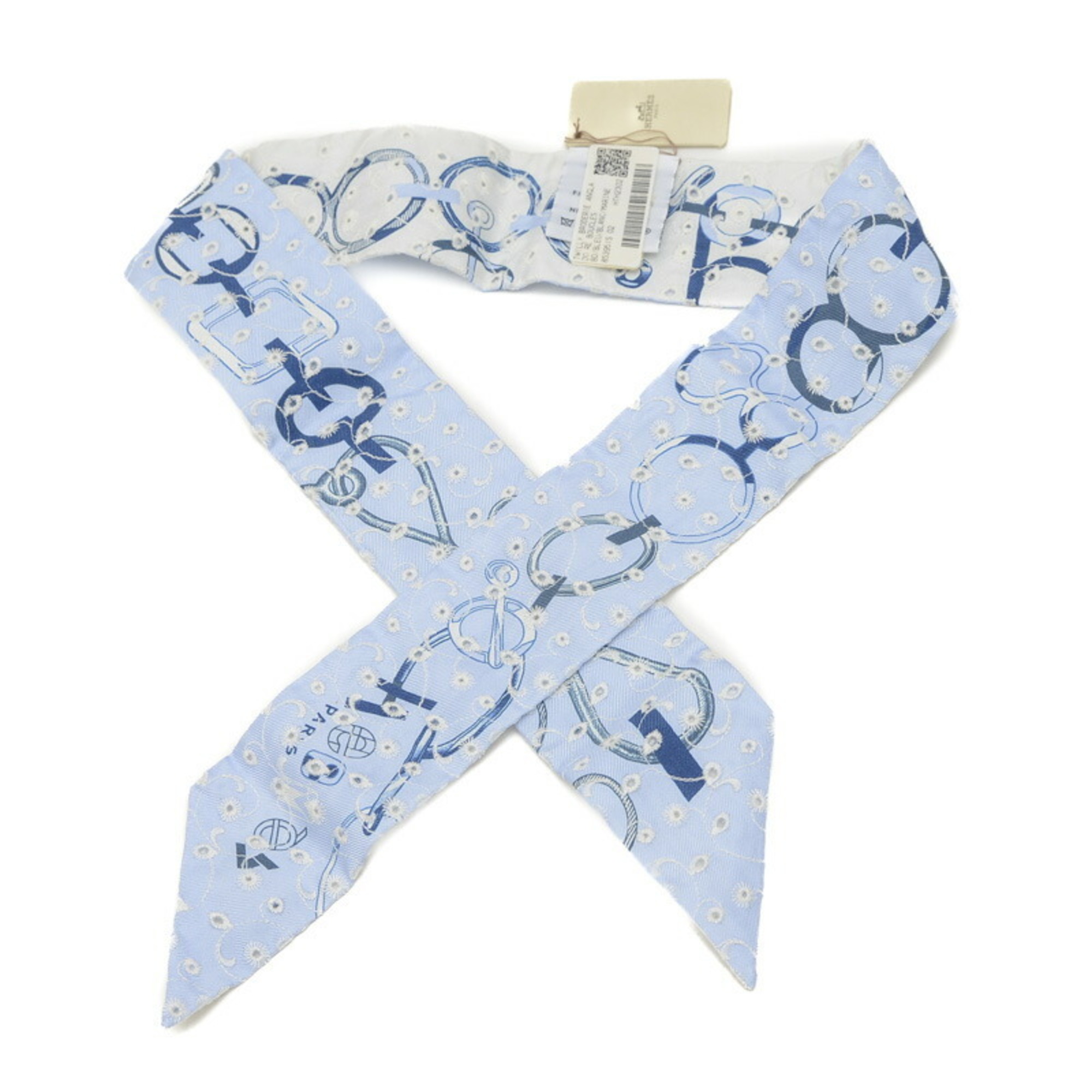 Hermes Twilly Scarf Embroidered Dress Buckle English Embroidery Blue Blanc Marine