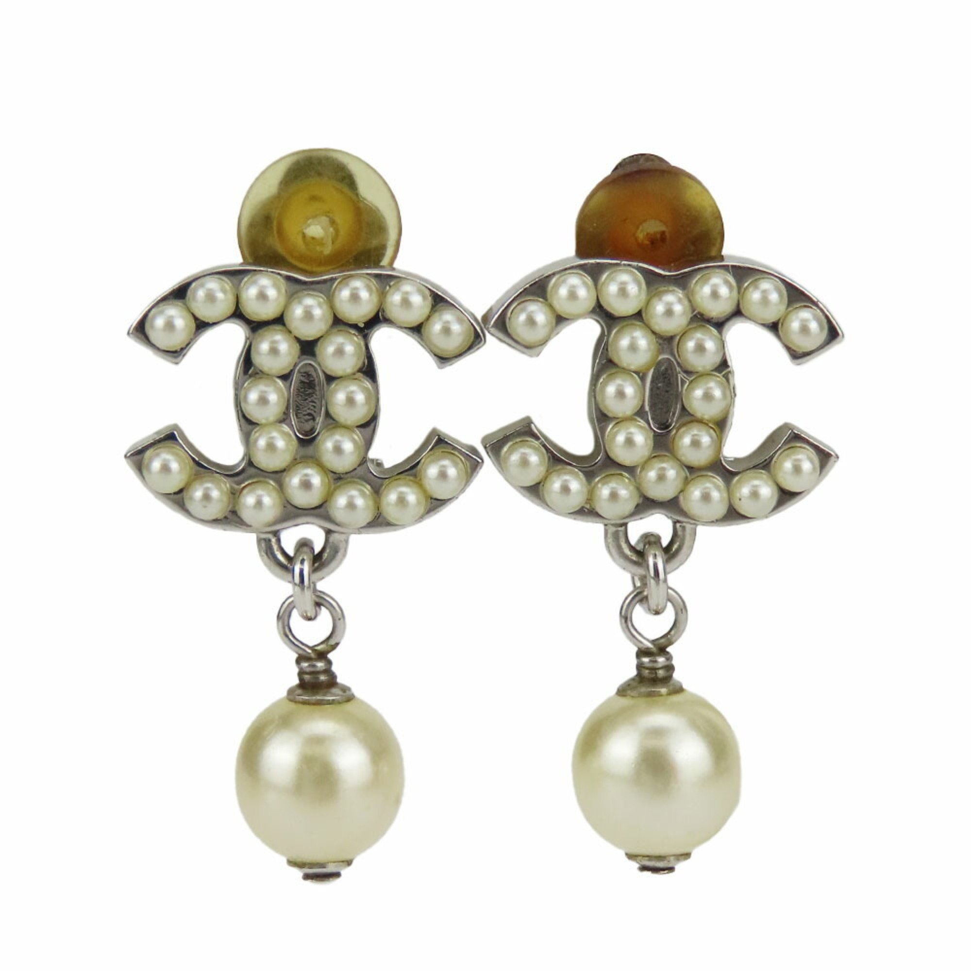 Chanel Earrings Coco Mark Metal Fake Pearl Silver Swing 07V Women's CHANEL