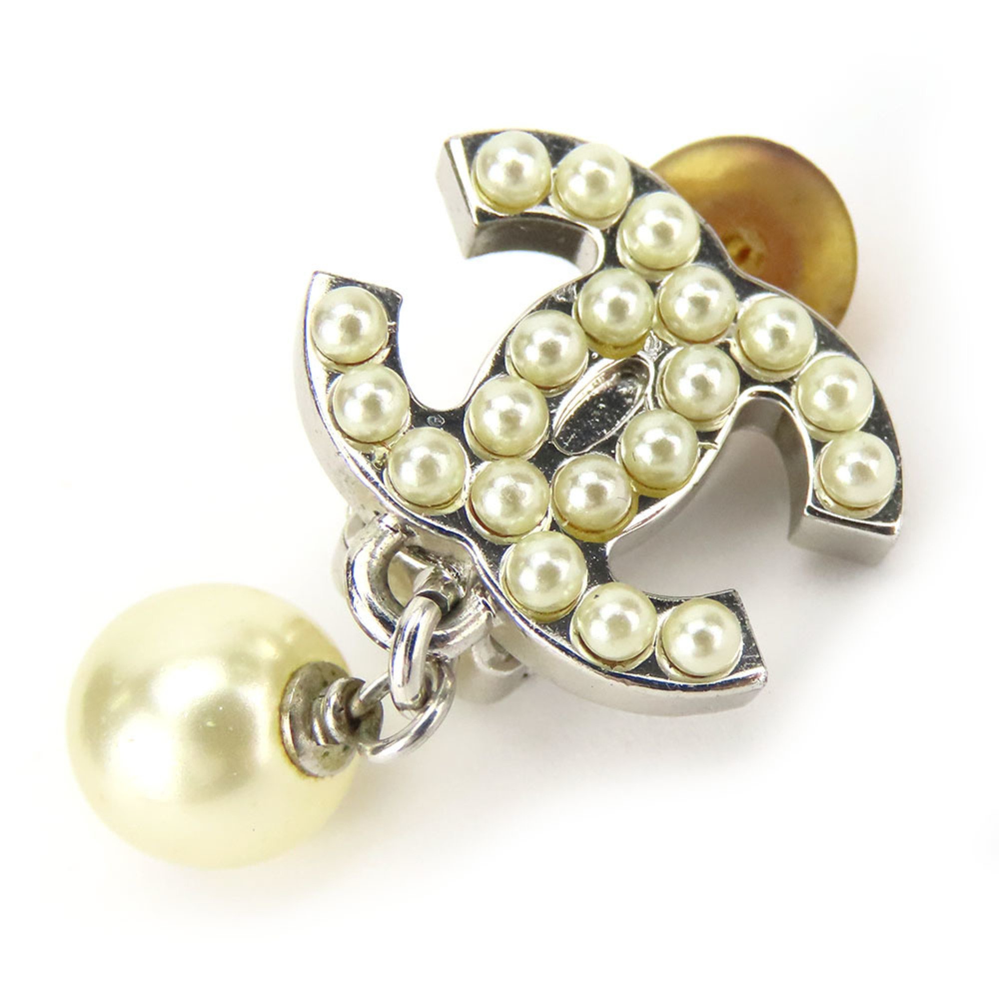 Chanel Earrings Coco Mark Metal Fake Pearl Silver Swing 07V Women's CHANEL