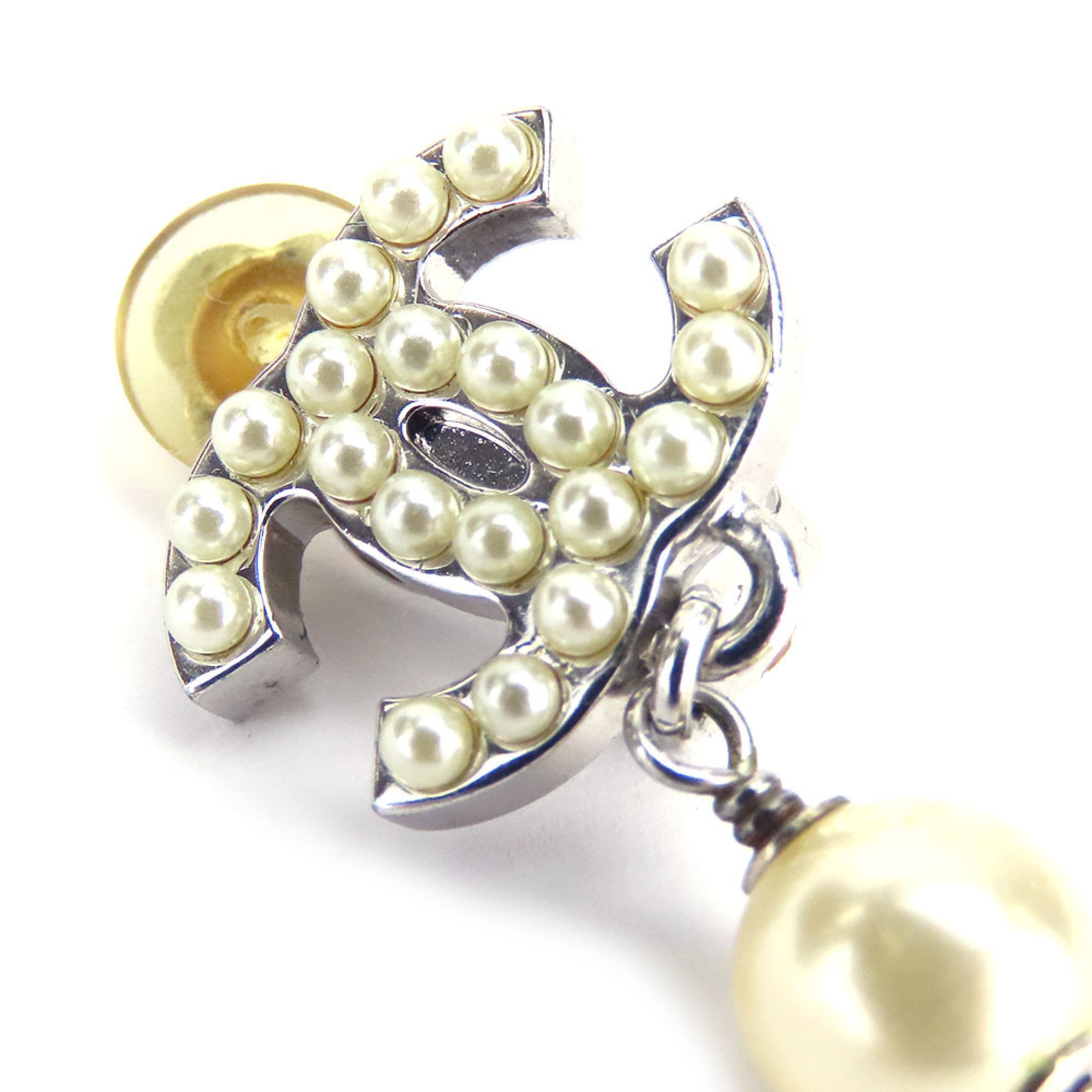 Chanel Earrings Coco Mark Metal Fake Pearl Silver Swing 07V Women's CHANEL