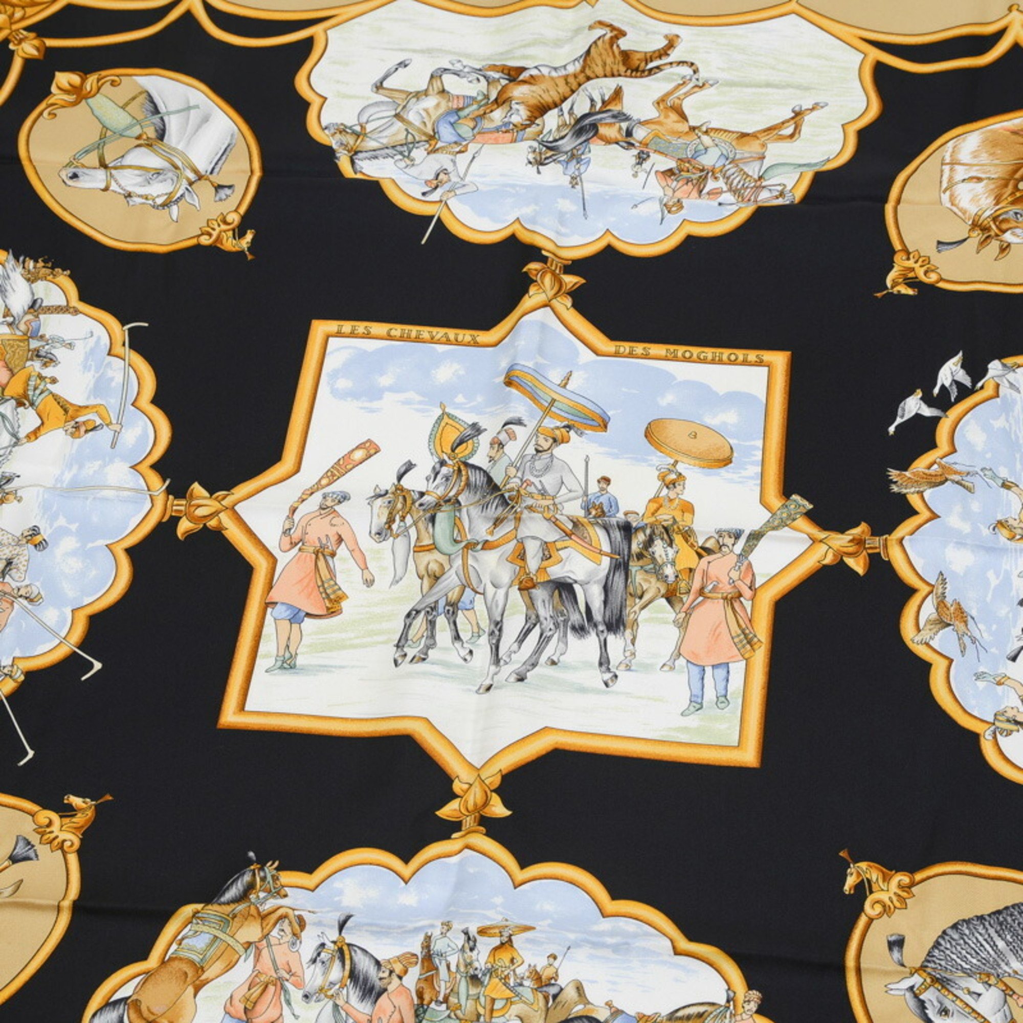 Hermes Carré 90 Scarf Les Chevaux Des Moghols Mughal Horses Beige