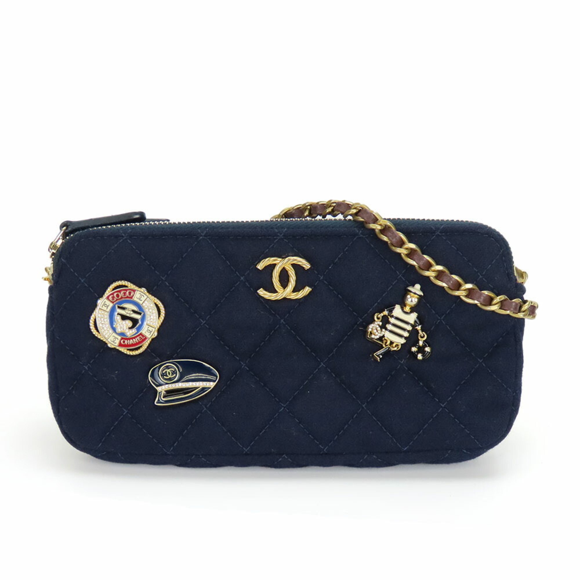 Chanel Shoulder Bag Chain Marine Cotton Navy Phone Case 26 Series Coco Mark Women's CHANEL